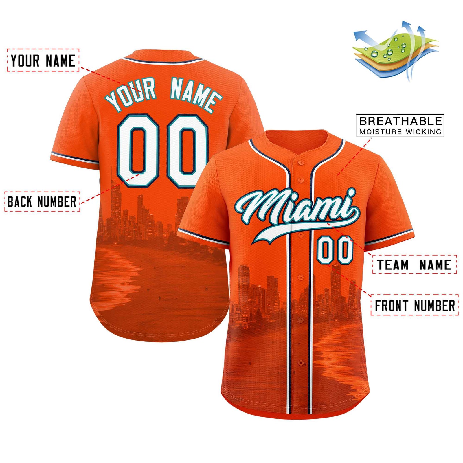 Custom Orange White-Aqua Miami City Skyline Baseball Jersey