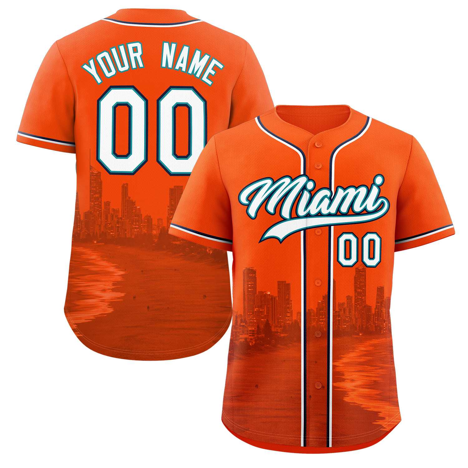 Custom Orange White-Aqua Miami City Skyline Baseball Jersey