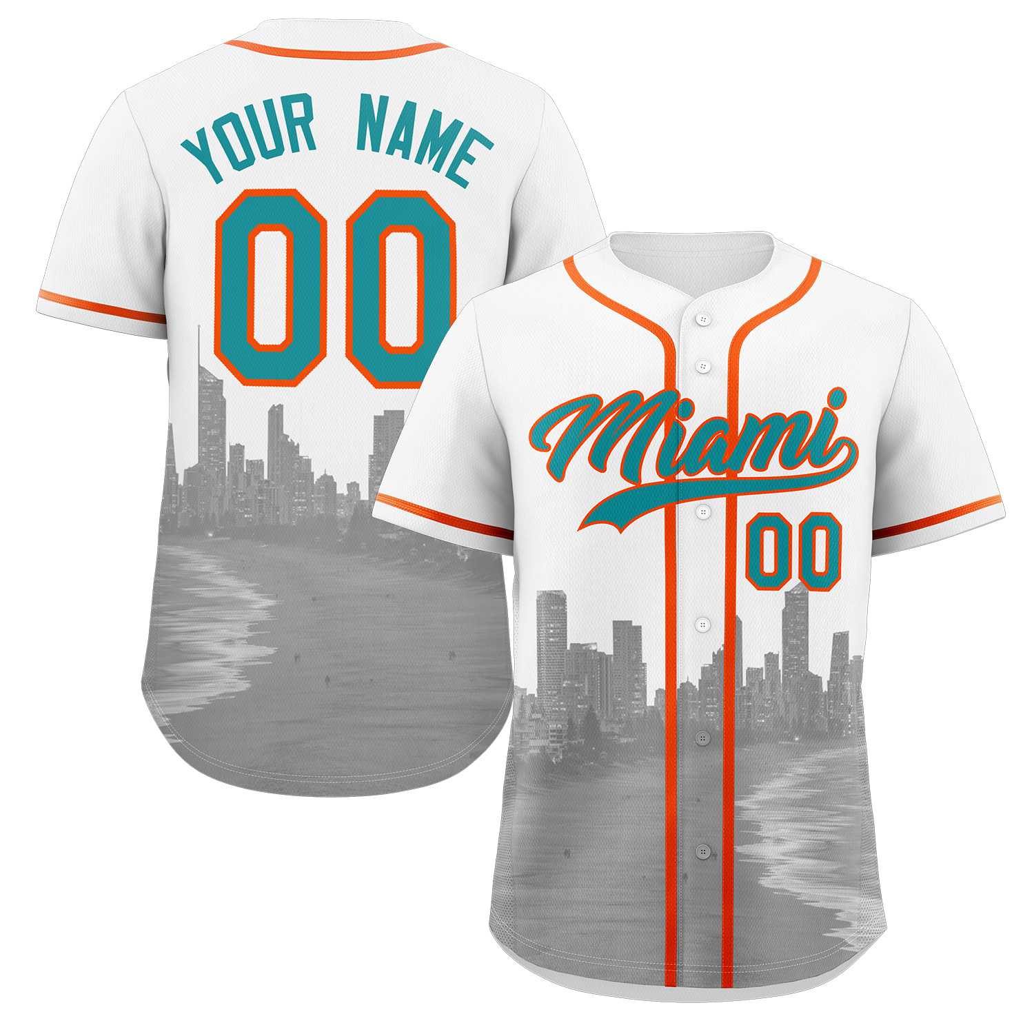 Custom White Aqua-Orange Miami City Skyline Baseball Jersey