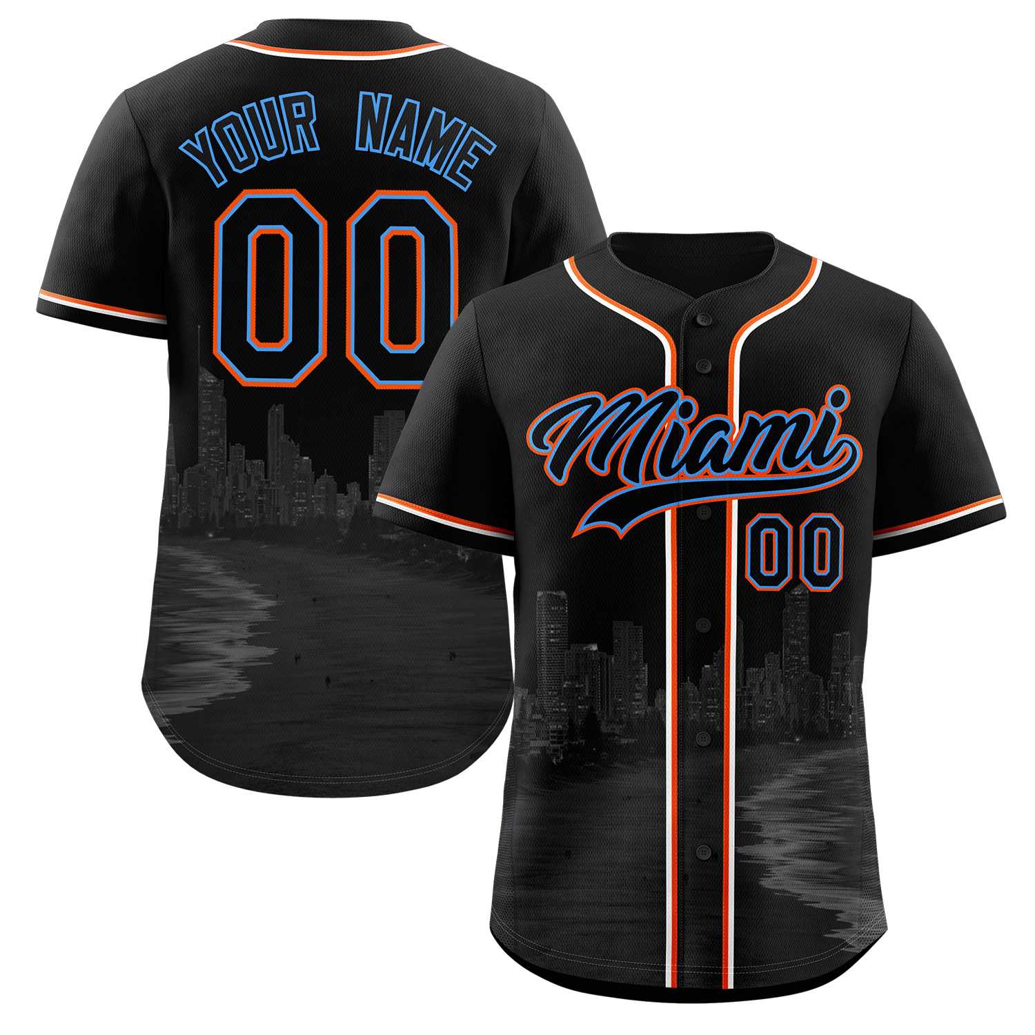 Custom Black Black-Powder Blue Miami City Skyline Baseball Jersey