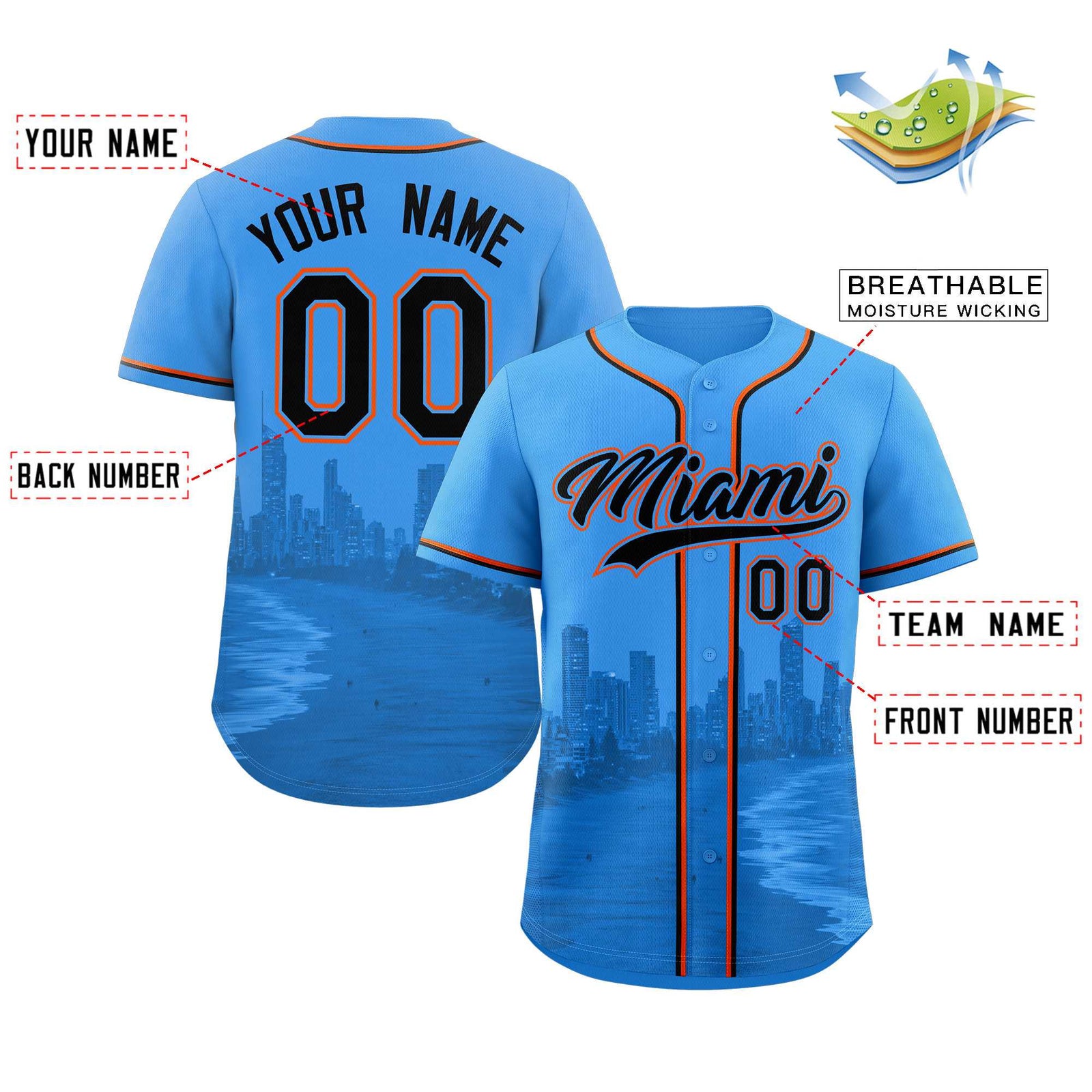 Custom Powder Blue Black-Powder Blue Miami City Skyline Baseball Jersey