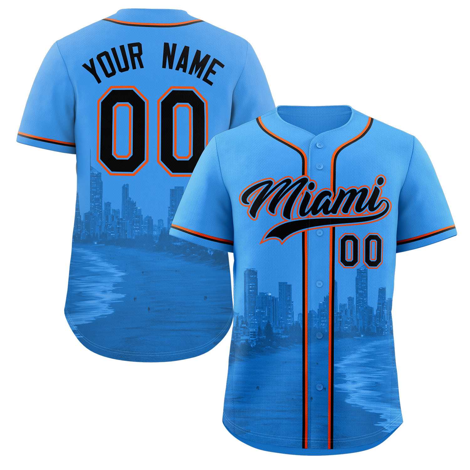 Custom Powder Blue Black-Powder Blue Miami City Skyline Baseball Jersey