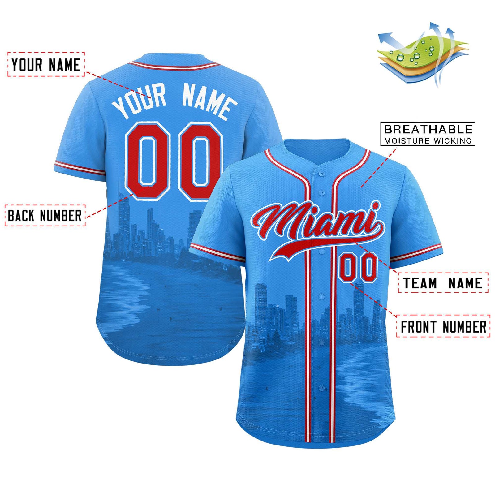Custom Powder Blue Red-Powder Blue Miami City Skyline Baseball Jersey