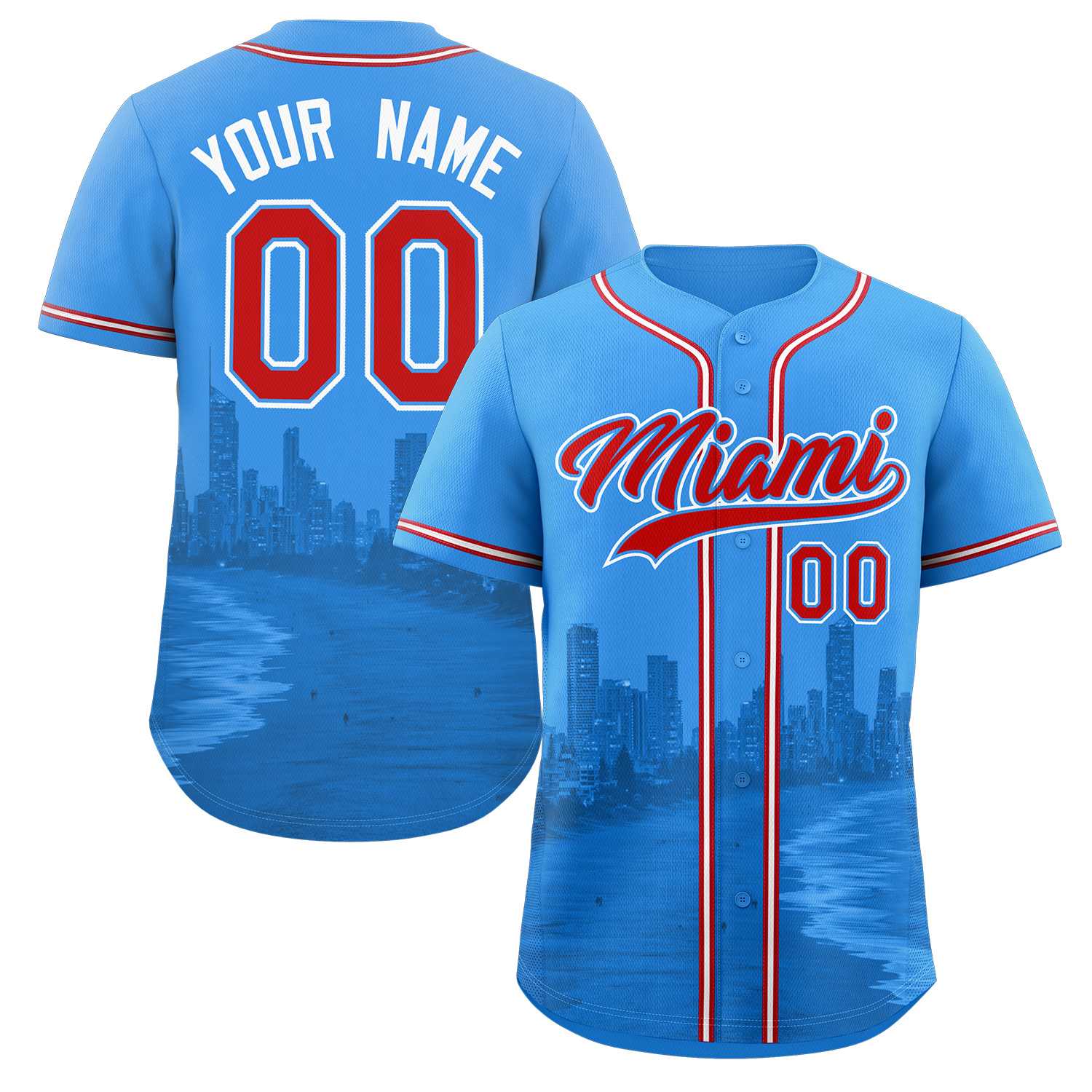 Custom Powder Blue Red-Powder Blue Miami City Skyline Baseball Jersey