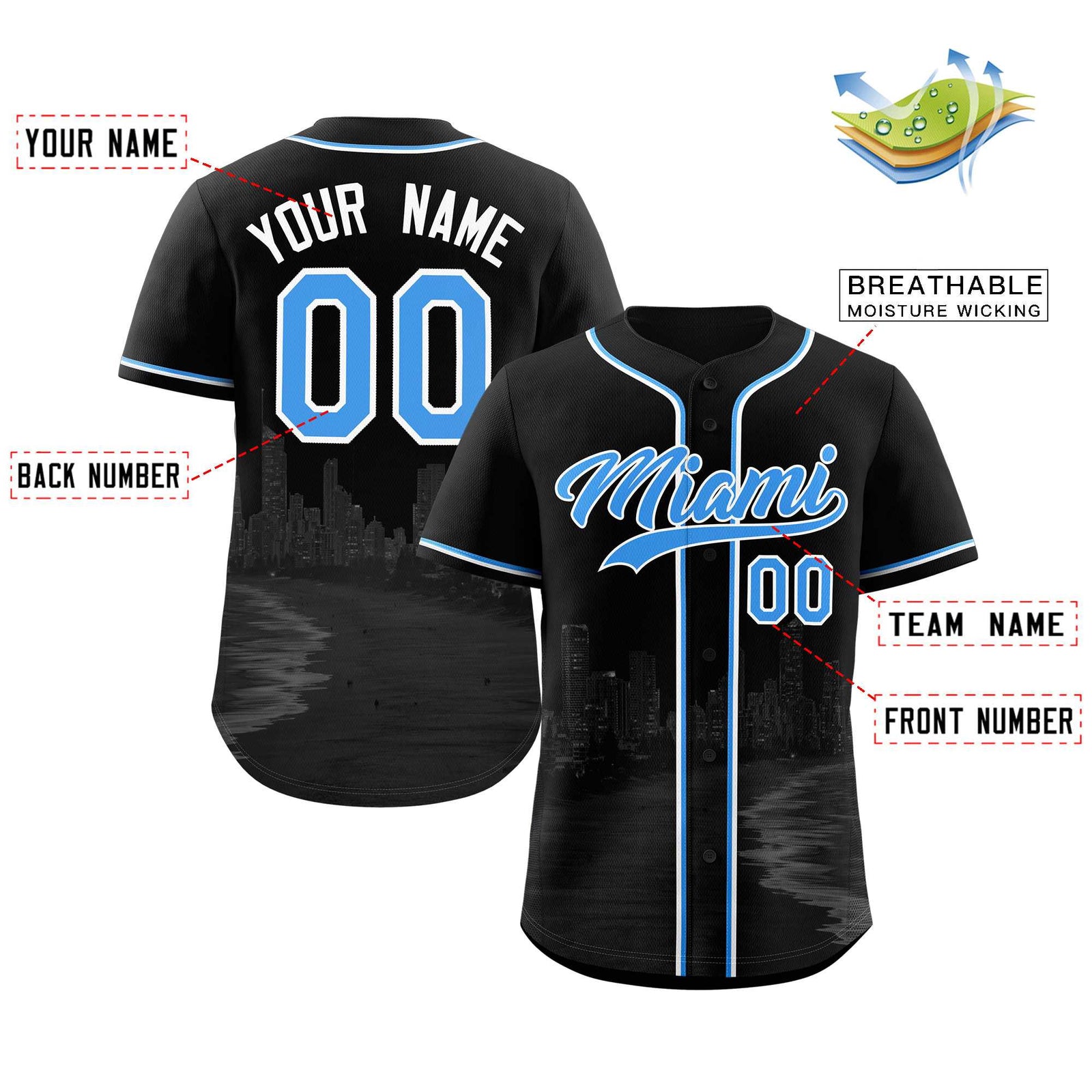 Custom Black Powder Blue-White Miami City Skyline Baseball Jersey
