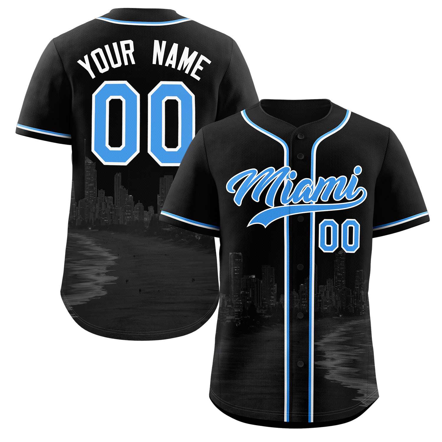 Custom Black Powder Blue-White Miami City Skyline Baseball Jersey