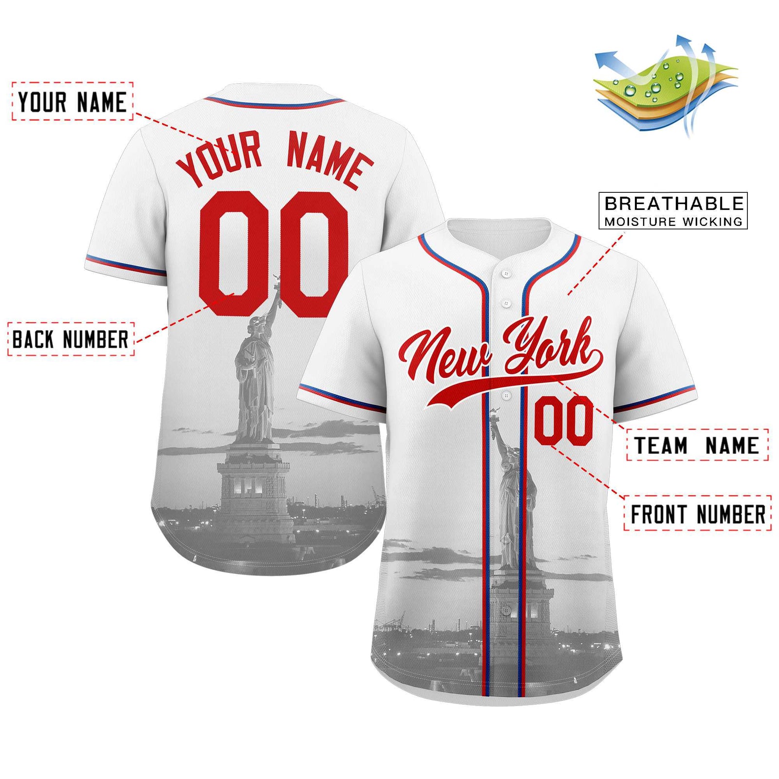 Custom White Red-White New York City Skyline Baseball Jersey