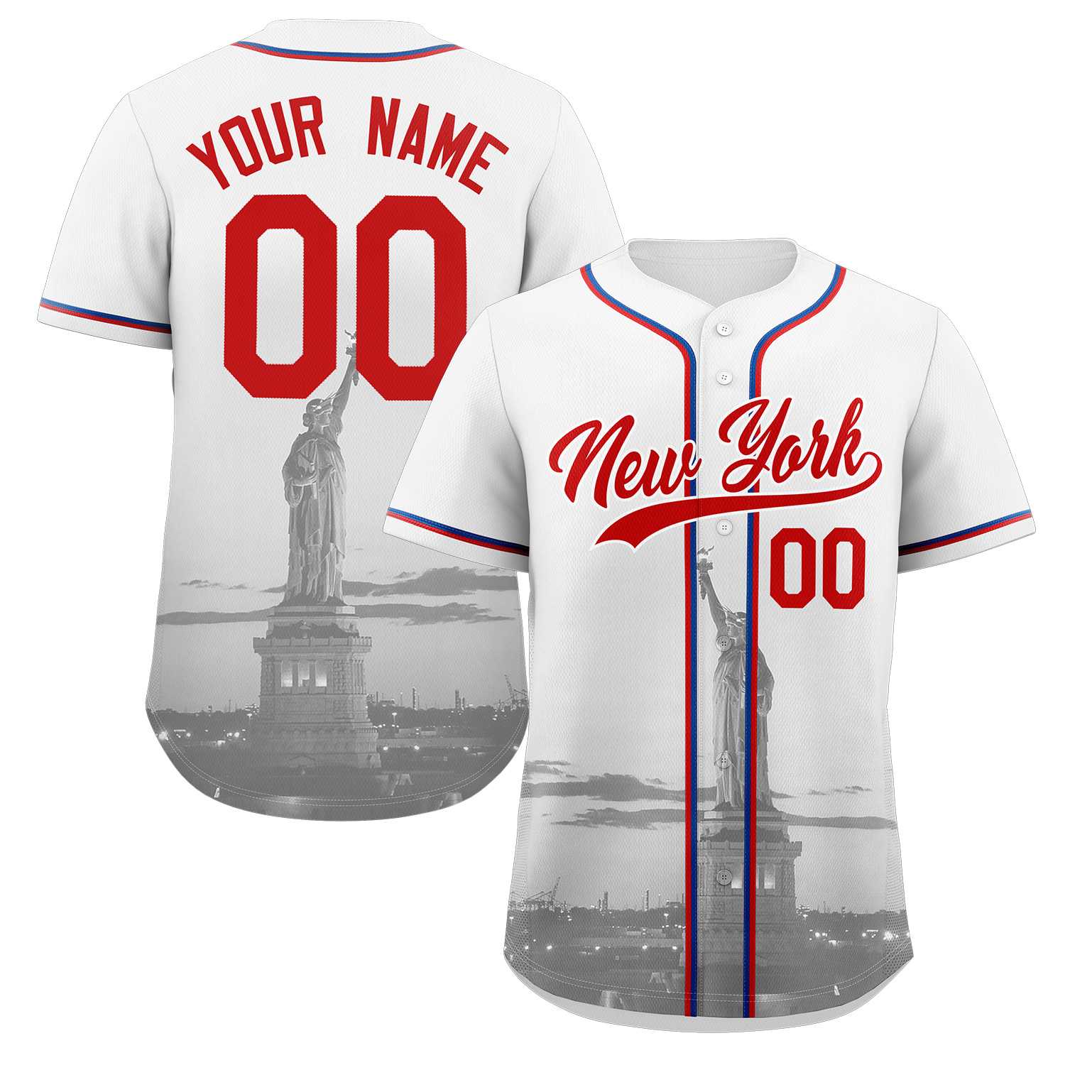Custom White Red-White New York City Skyline Baseball Jersey