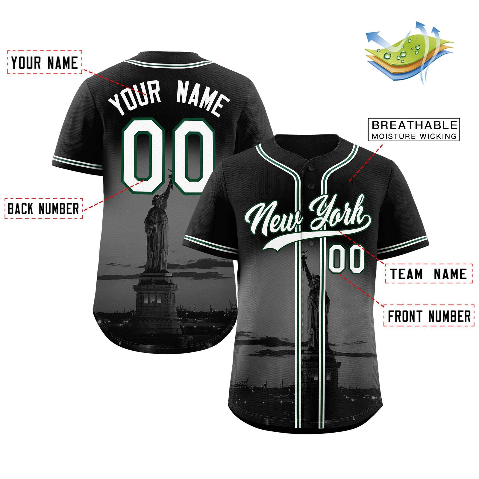 Custom Black White-Green New York City Skyline Baseball Jersey