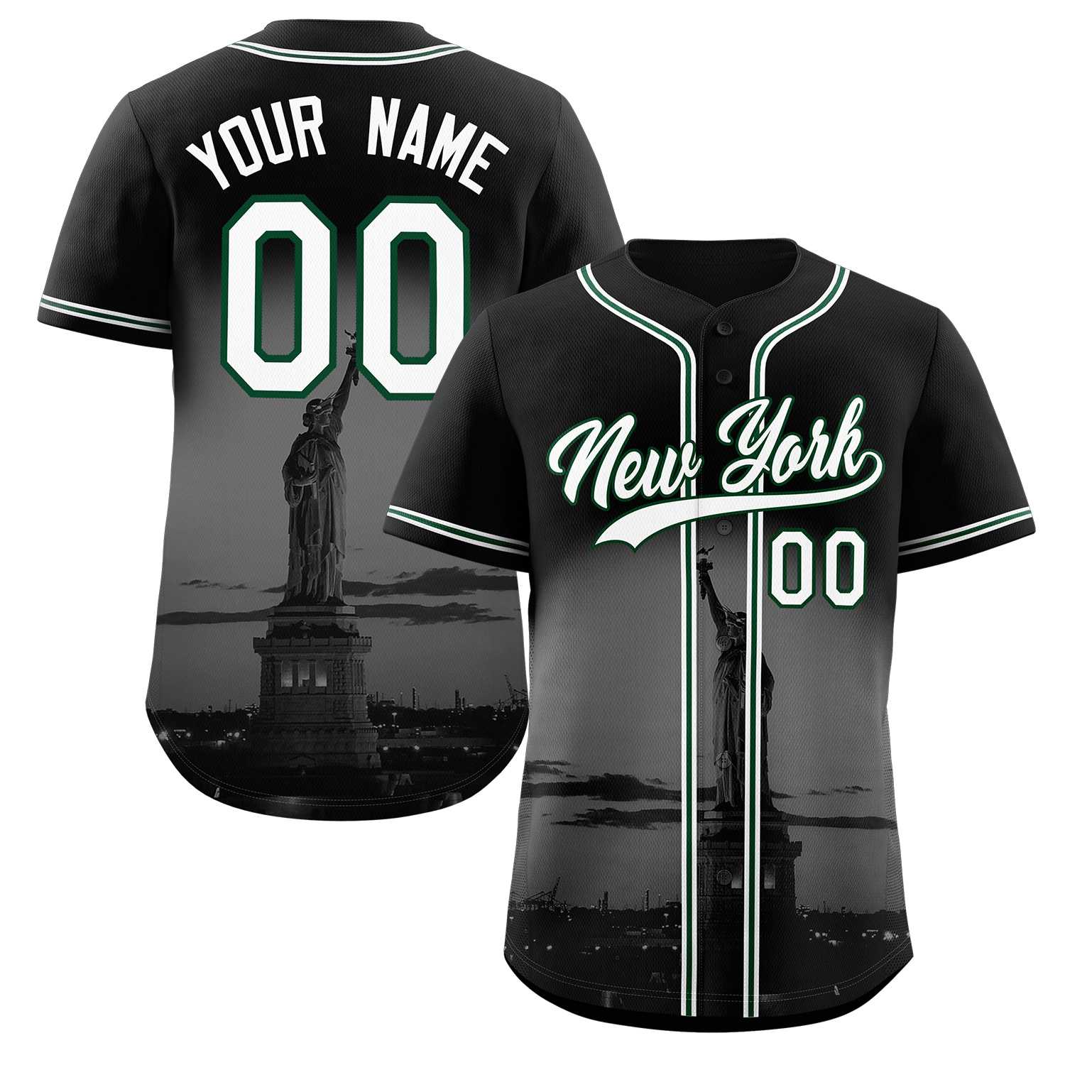 Custom Black White-Green New York City Skyline Baseball Jersey