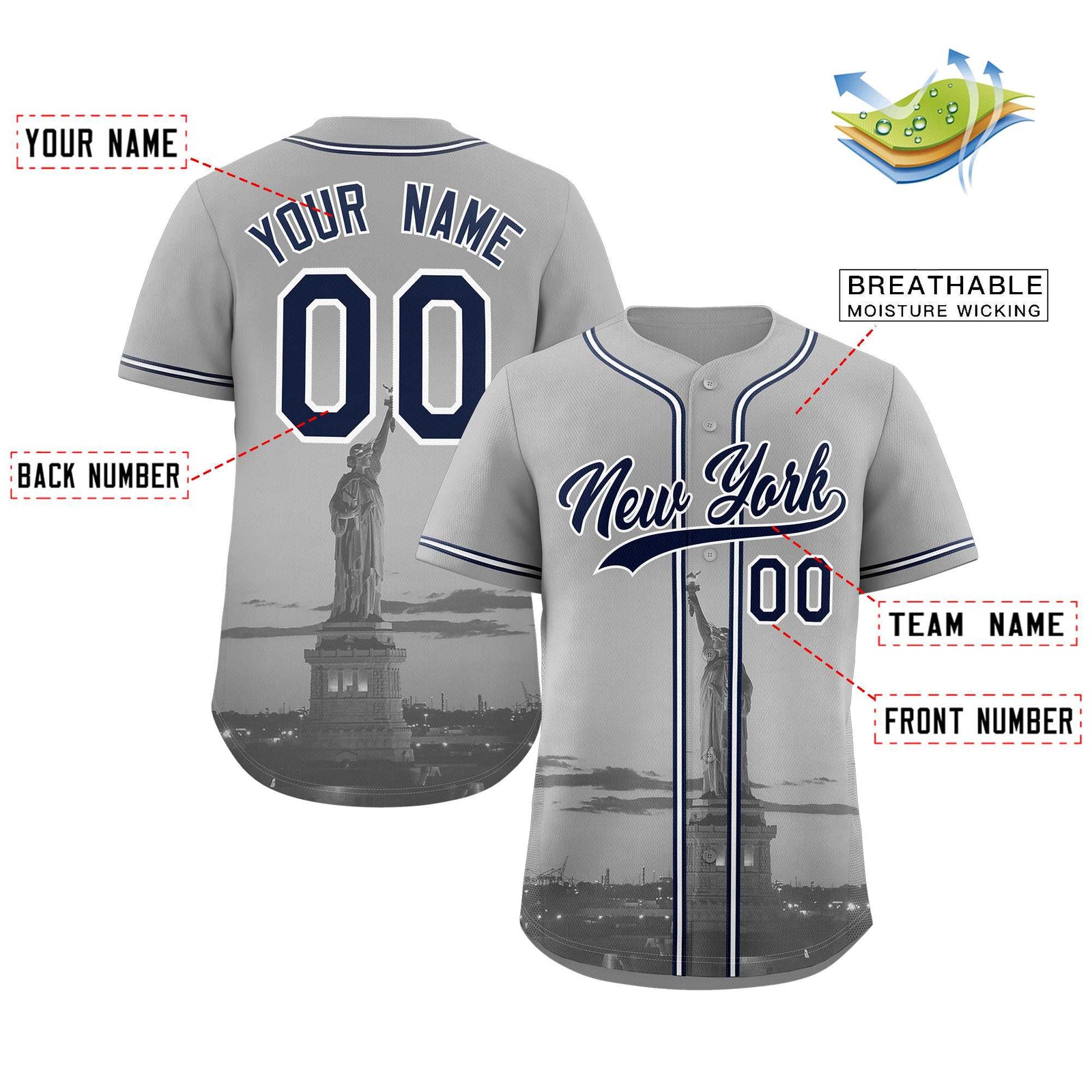 Custom Gray Navy-White New York City Skyline Baseball Jersey