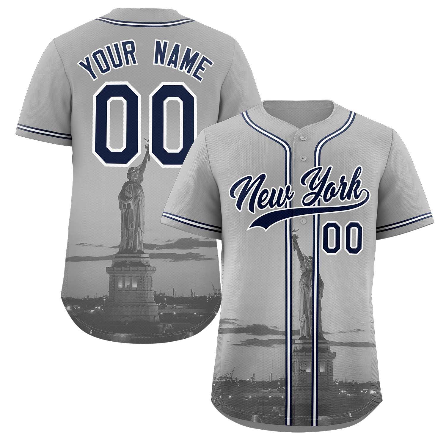 Custom Gray Navy-White New York City Skyline Baseball Jersey