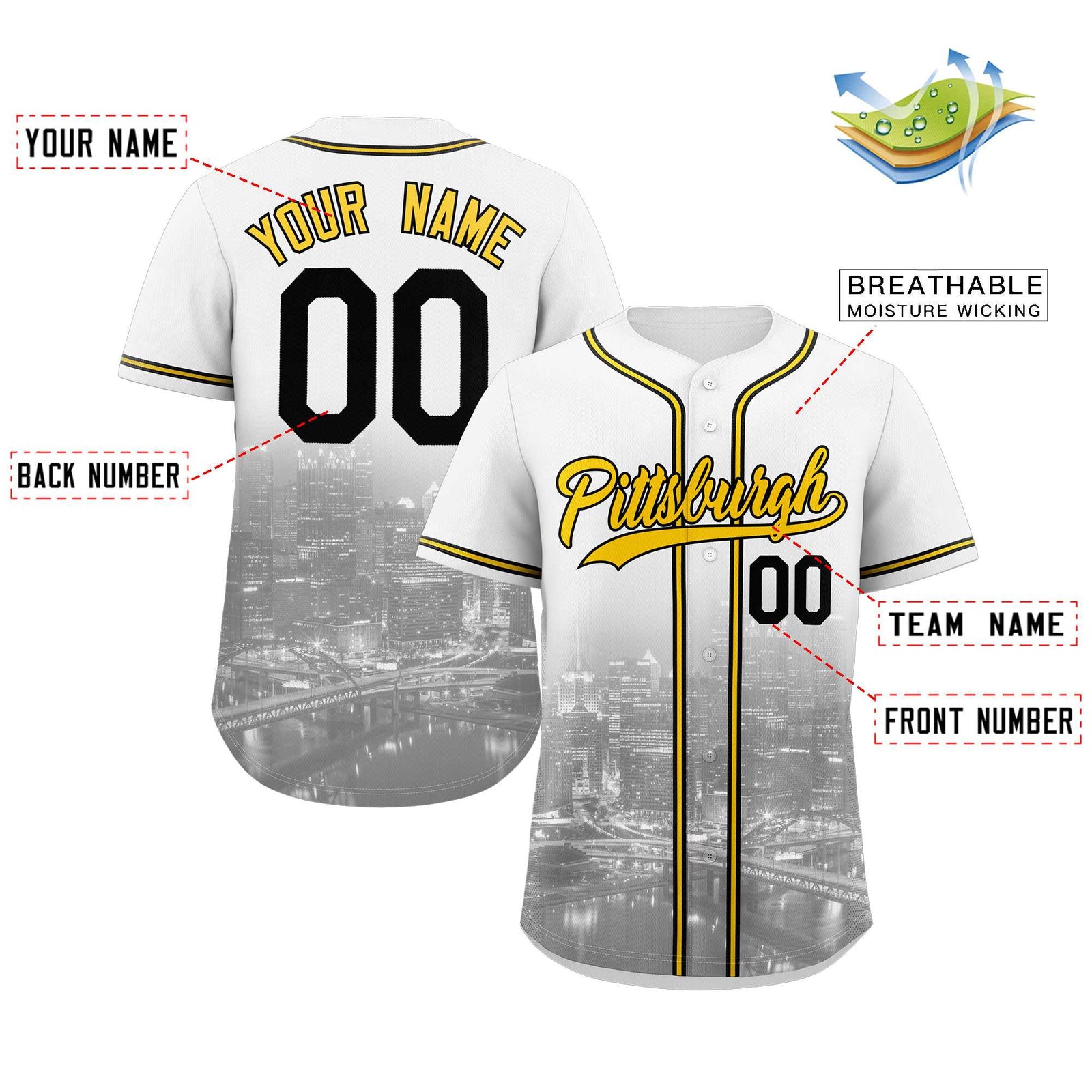 Custom White Yellow-Black Pittsburgh City Skyline Baseball Jersey
