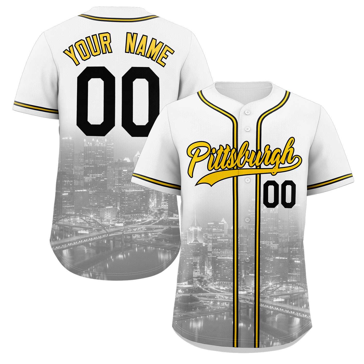 Custom White Yellow-Black Pittsburgh City Skyline Baseball Jersey