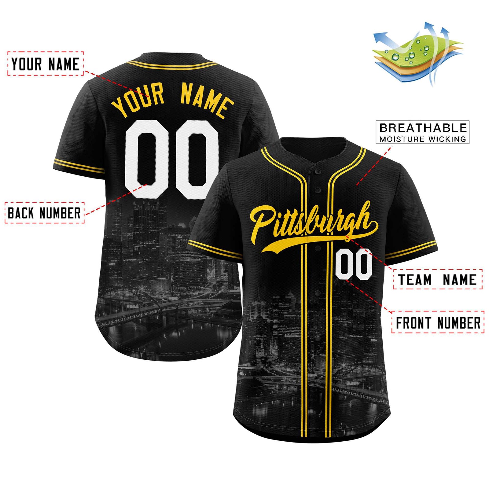 Custom Black Yellow-Black Pittsburgh City Skyline Baseball Jersey