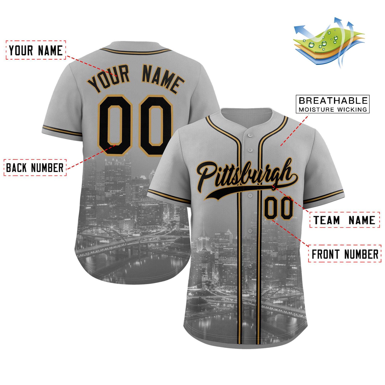 Custom Gray Black-Old Gold Pittsburgh City Skyline Baseball Jersey