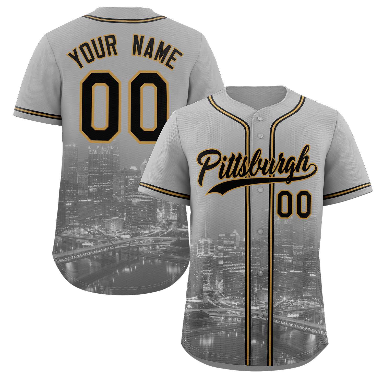 Custom Gray Black-Old Gold Pittsburgh City Skyline Baseball Jersey