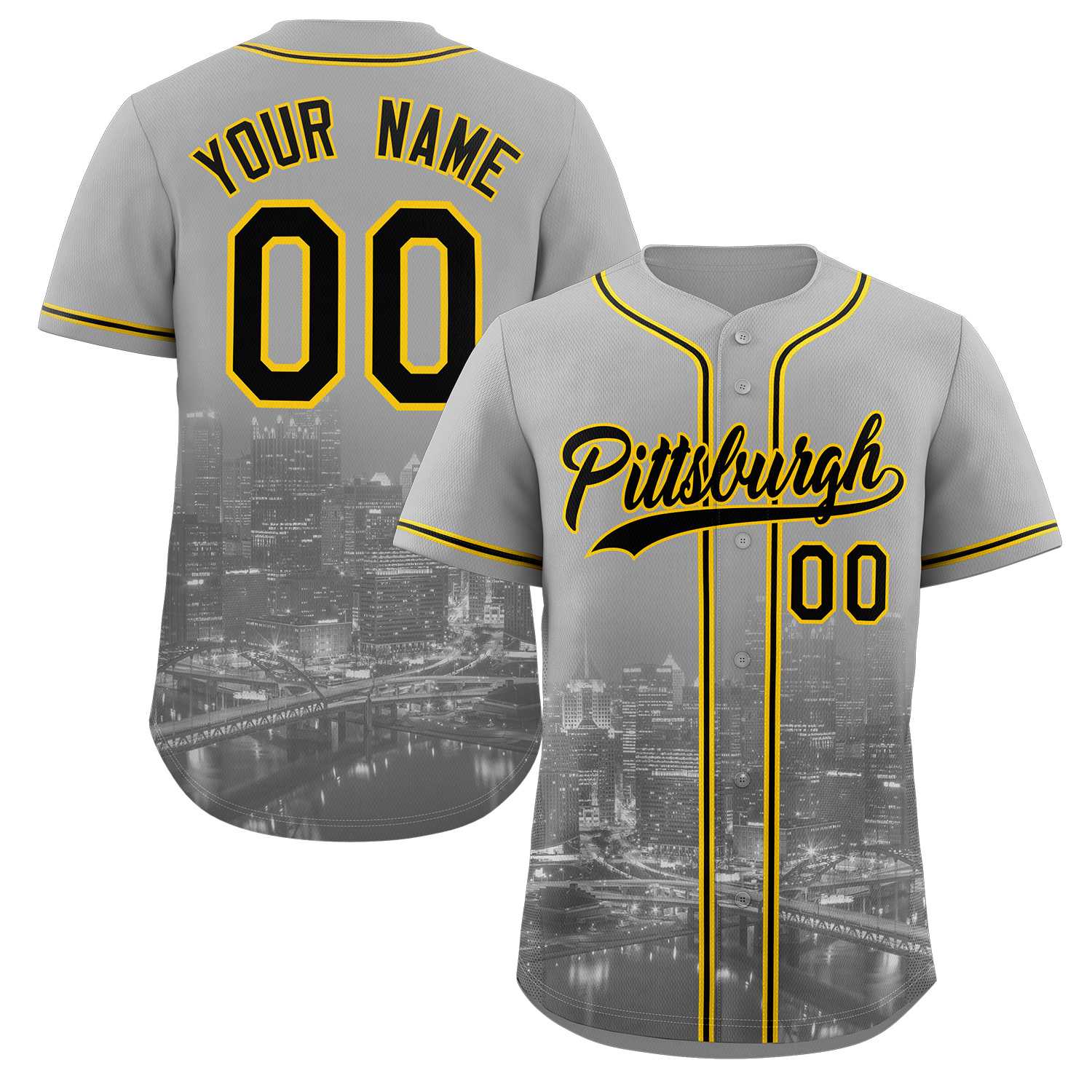 Custom Gray Black-Yellow Pittsburgh City Skyline Baseball Jersey