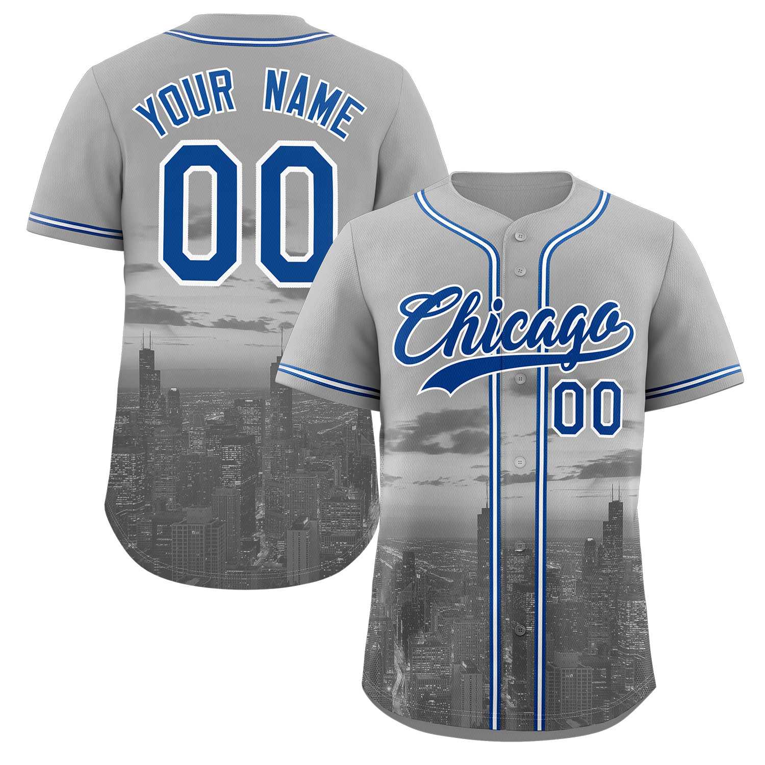 Custom Gray Royal-White Chicago City Skyline Baseball Jersey