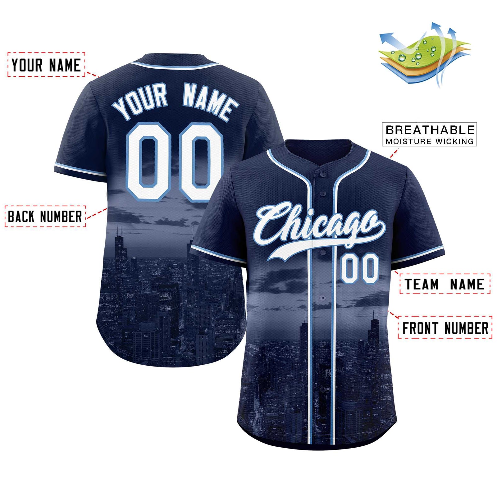 Custom Navy White-Light Blue Chicago City Skyline Baseball Jersey
