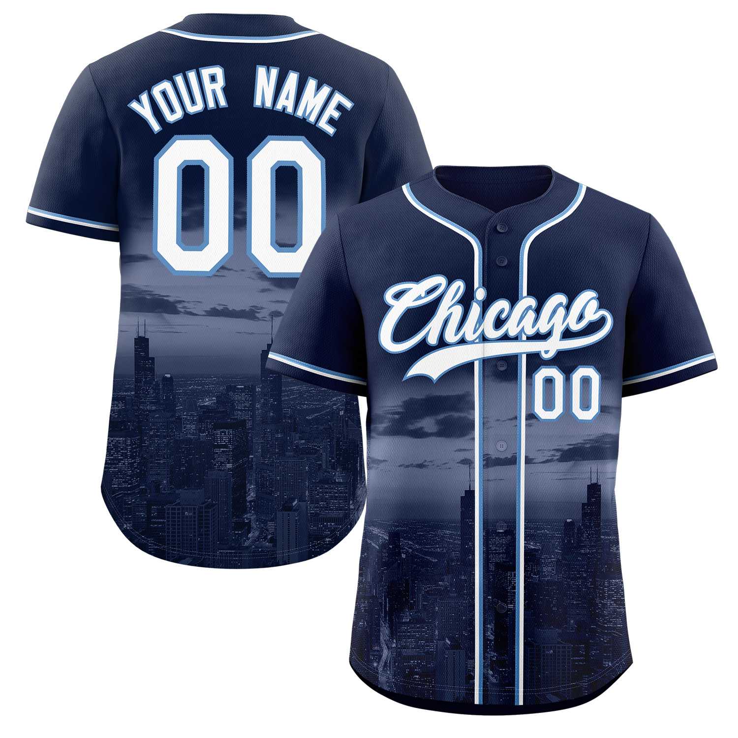 Custom Navy White-Light Blue Chicago City Skyline Baseball Jersey