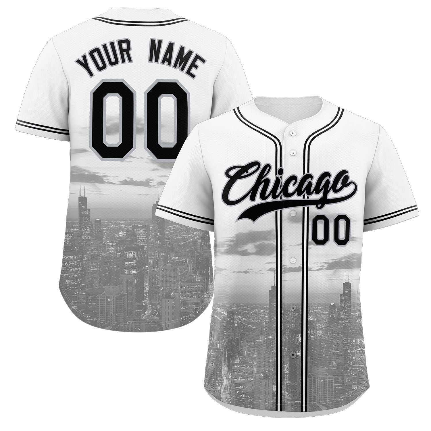 Custom White Black-Gray Chicago City Skyline Baseball Jersey