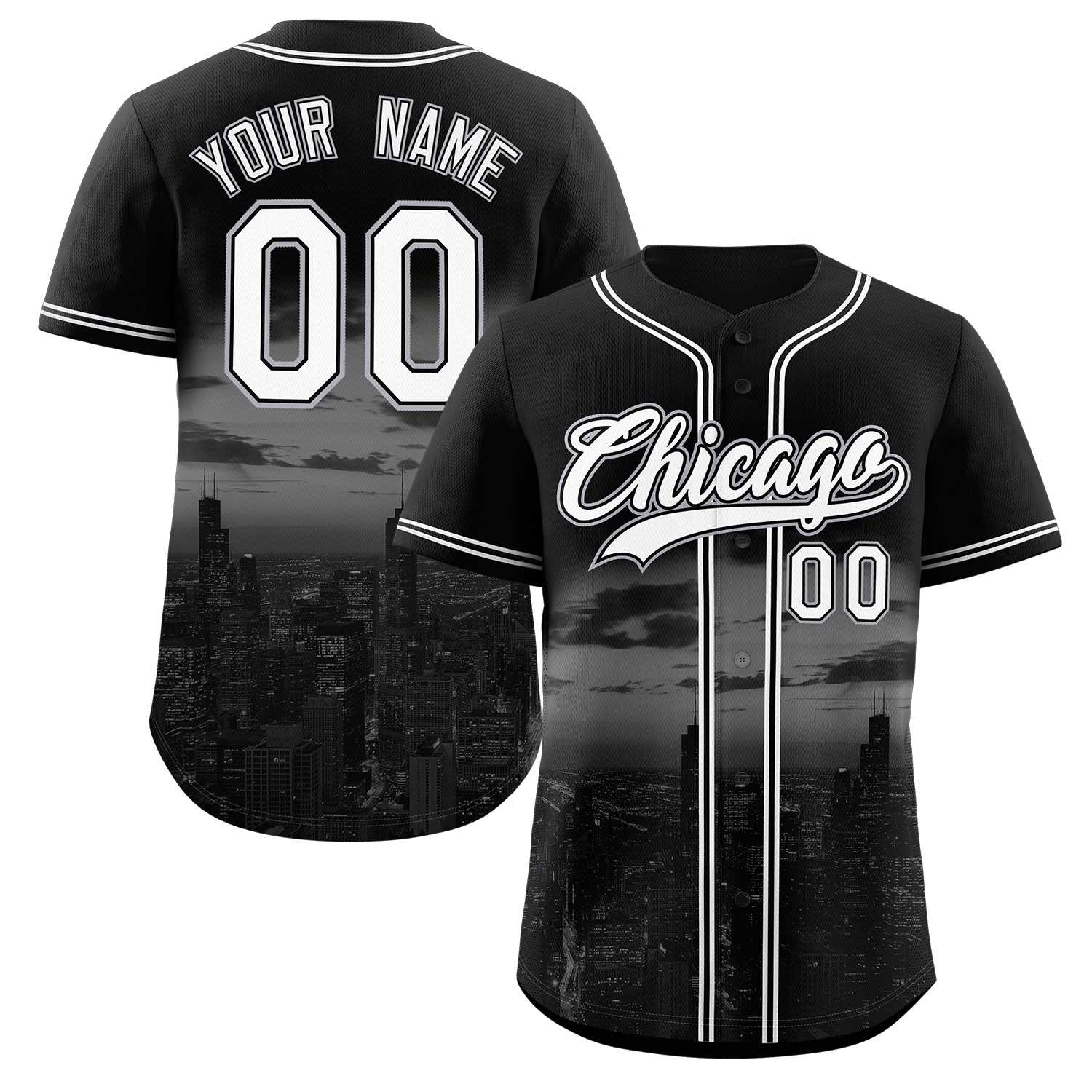 Custom Black White-Black Chicago City Skyline Baseball Jersey