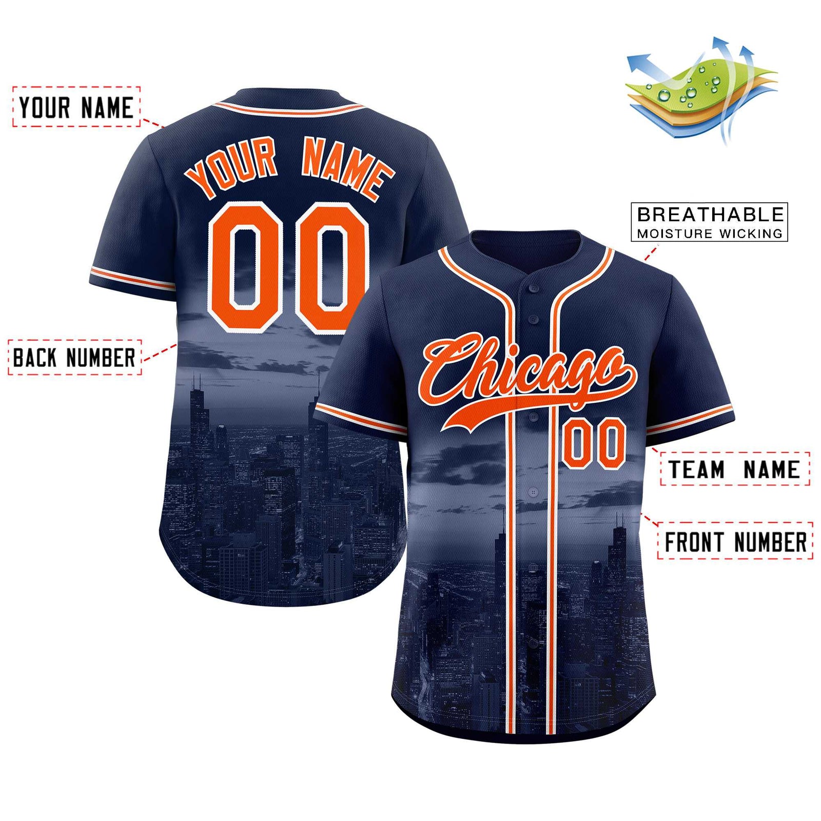 Custom Navy Orange-White Chicago City Skyline Baseball Jersey