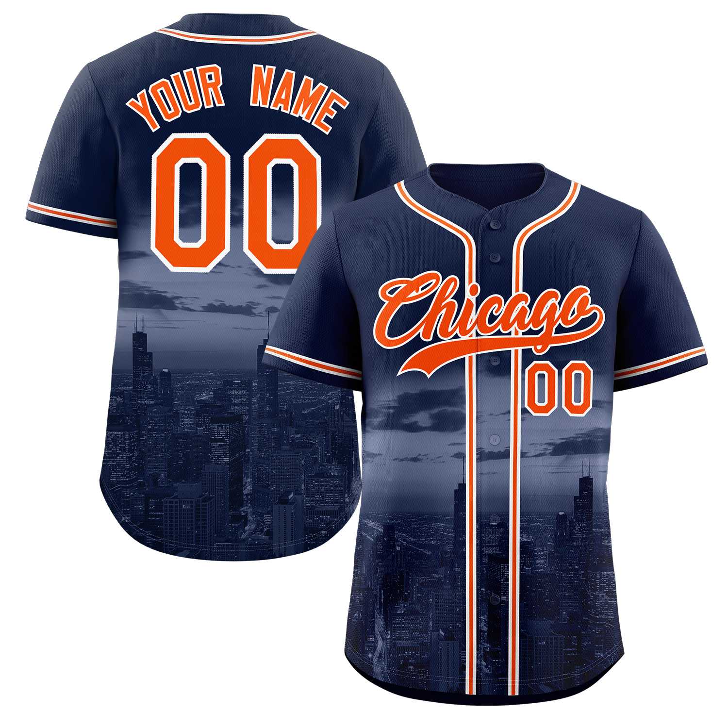 Custom Navy Orange-White Chicago City Skyline Baseball Jersey