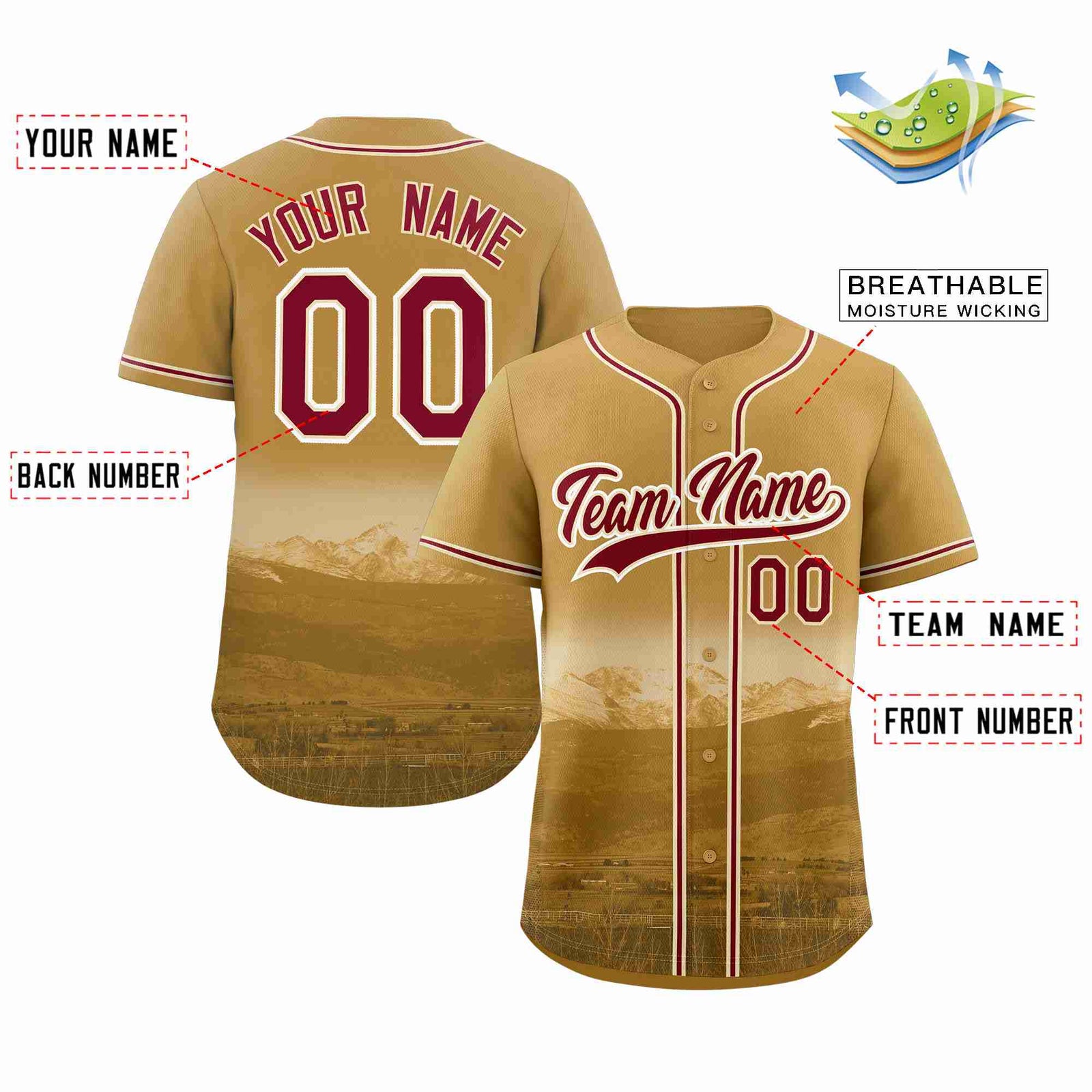 Custom Old Gold Crimson-Khaki Denver City Skyline Baseball Jersey