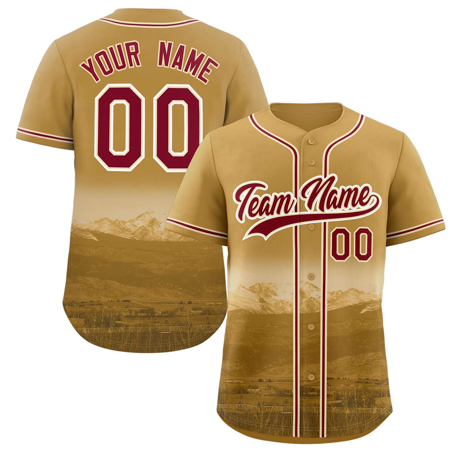 Custom Old Gold Crimson-Khaki Denver City Skyline Baseball Jersey