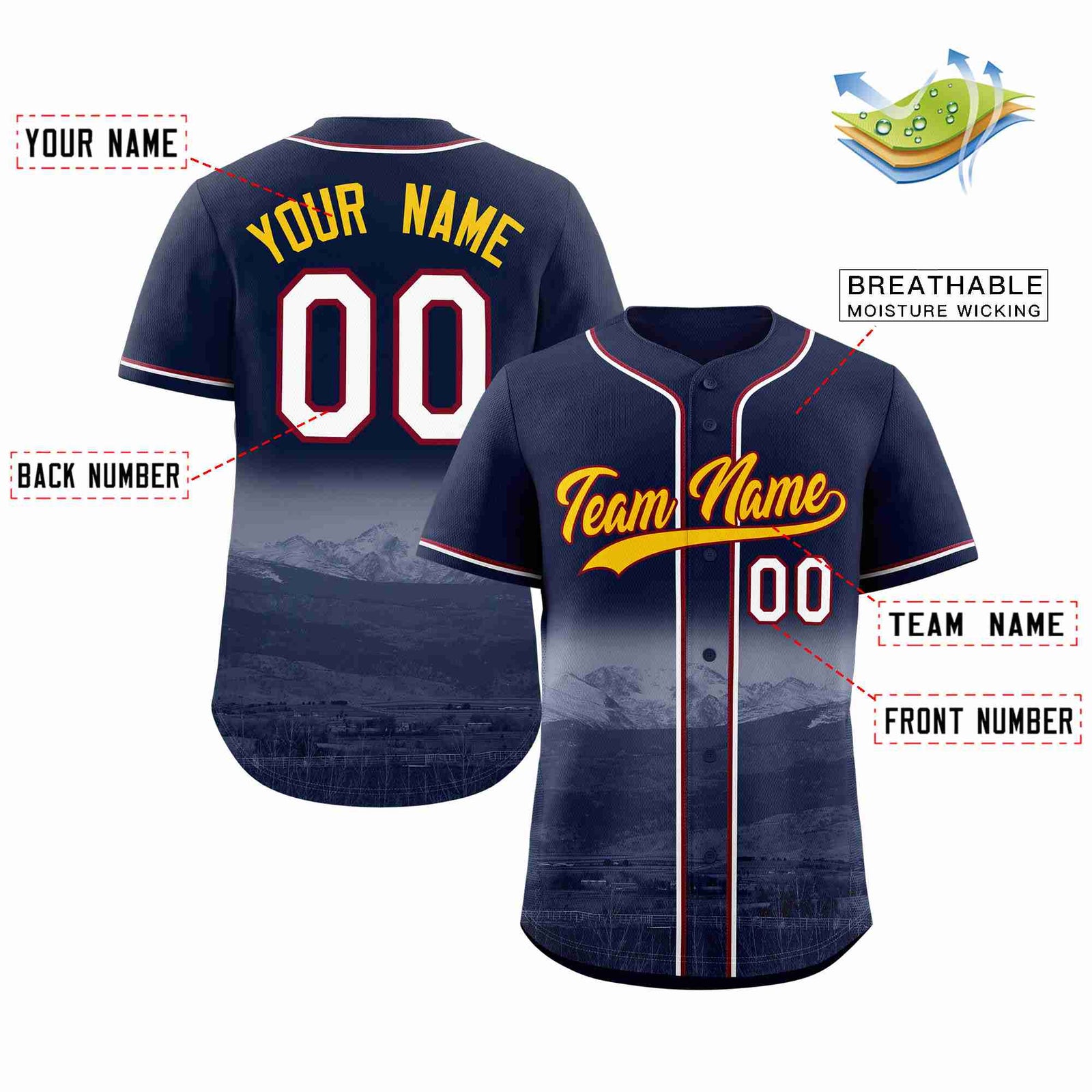 Custom Navy Yellow-Crimson Denver City Skyline Baseball Jersey