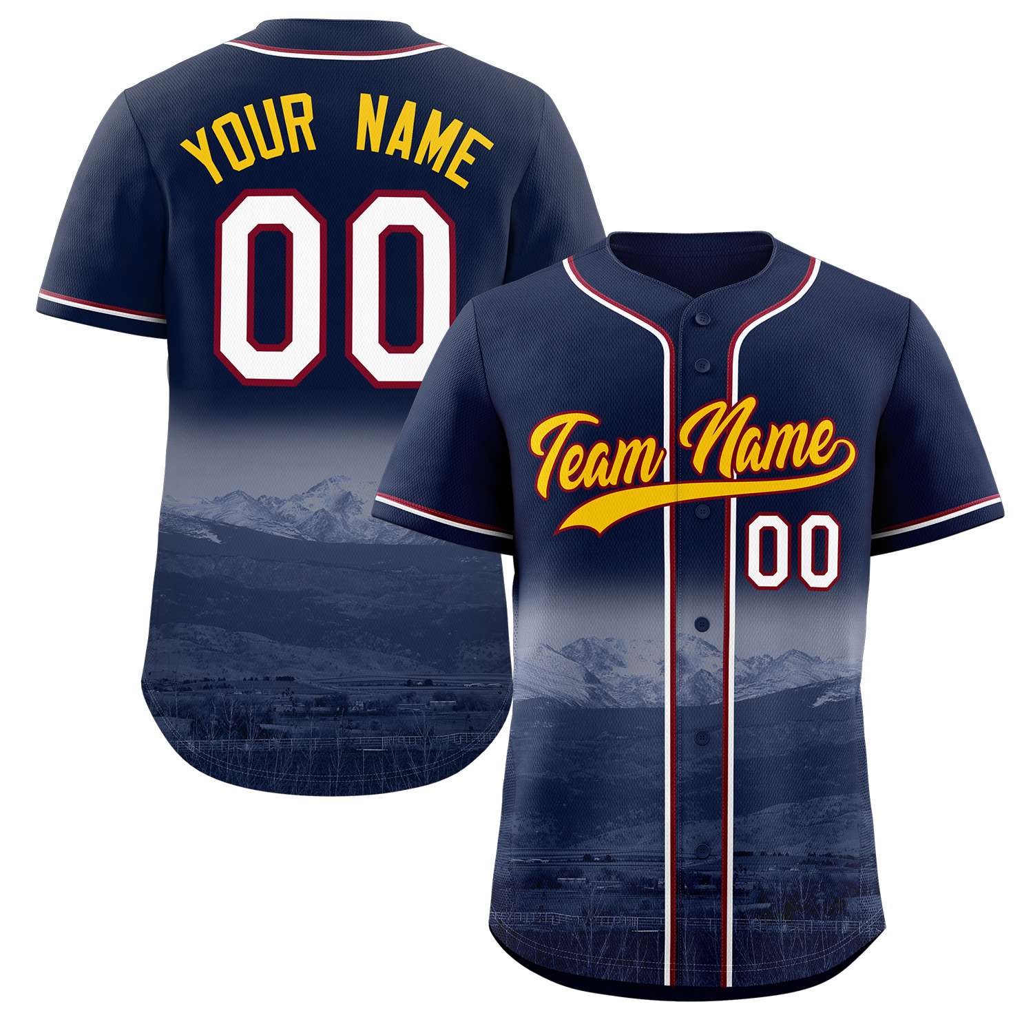Custom Navy Yellow-Crimson Denver City Skyline Baseball Jersey