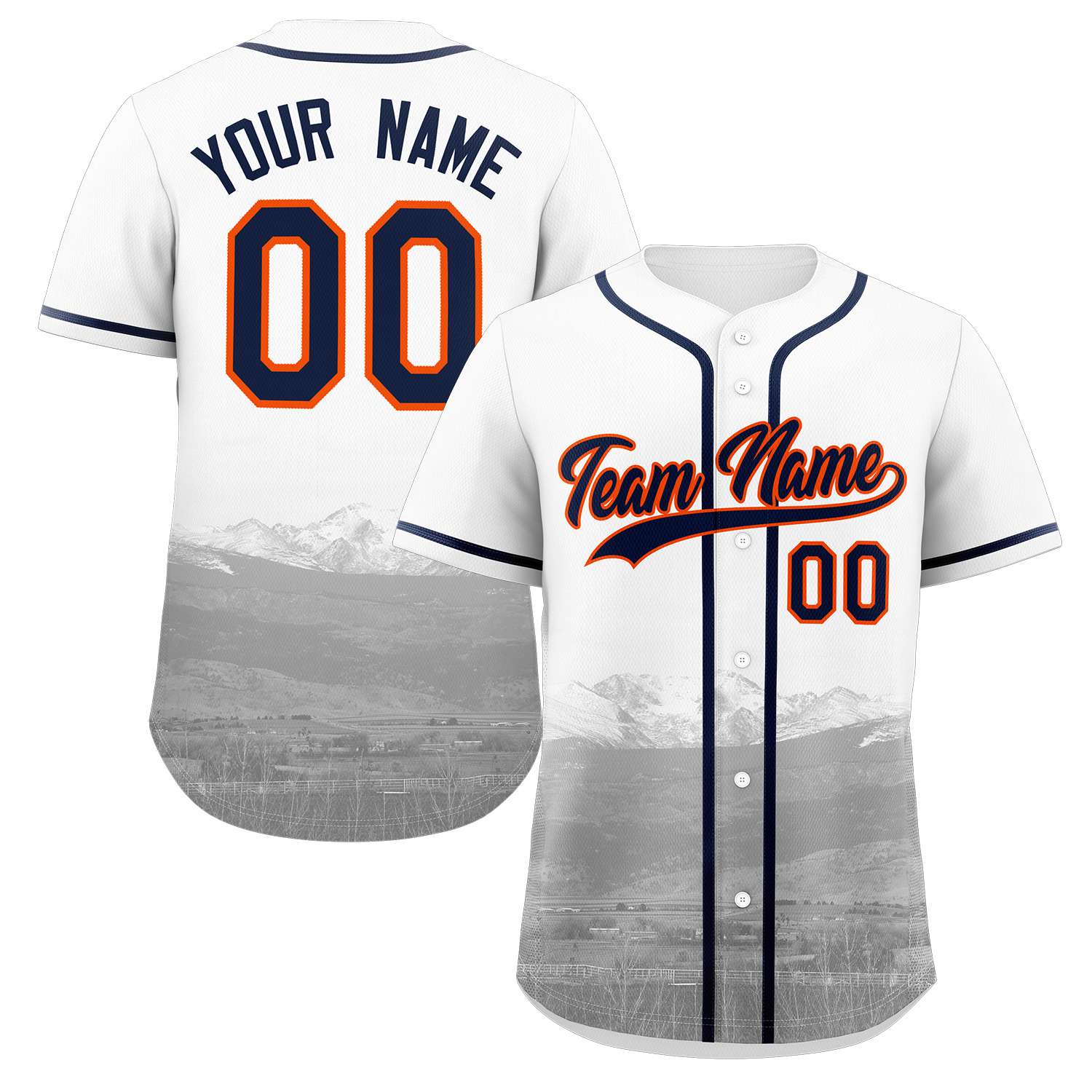 Custom White Navy-Orange Denver City Skyline Baseball Jersey