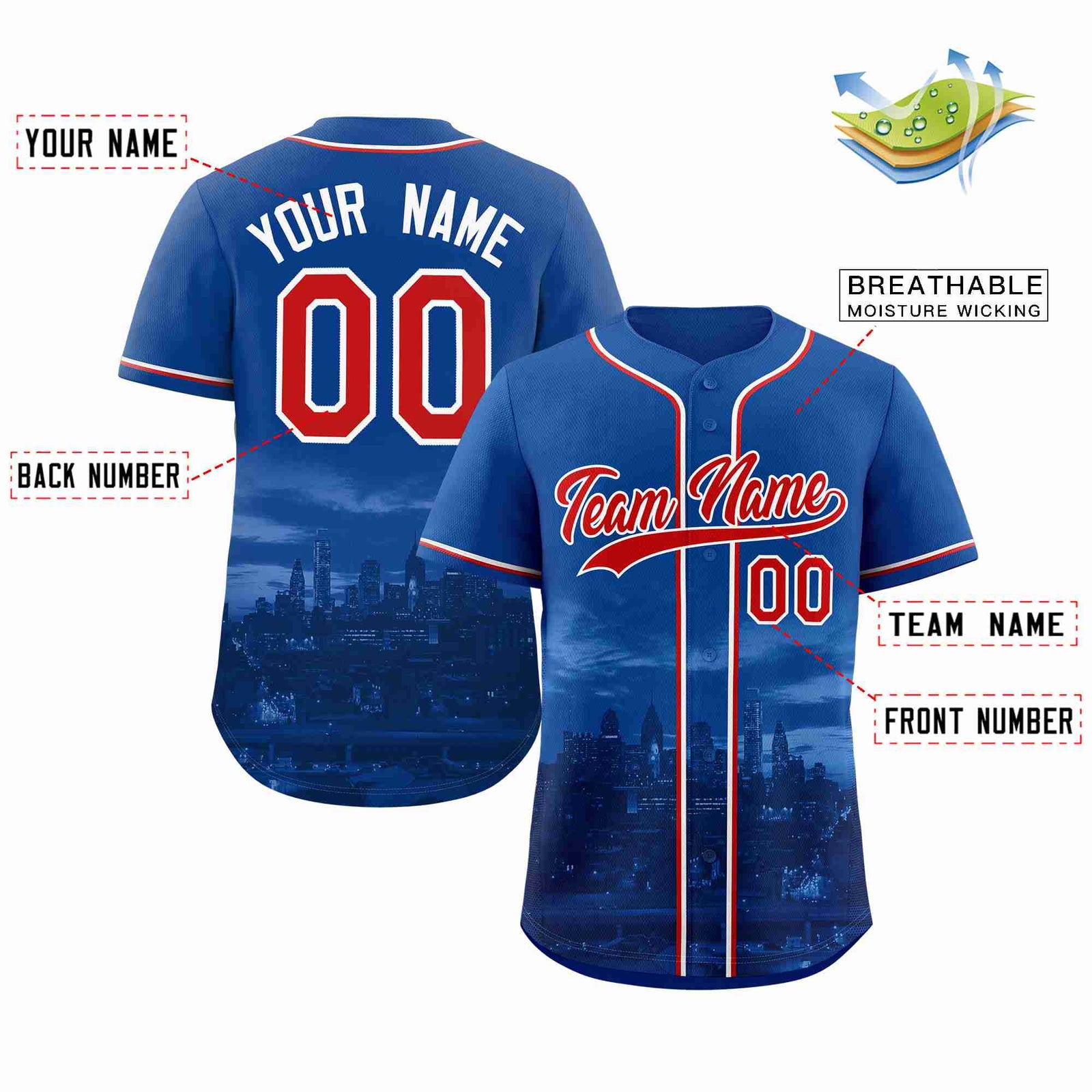 Custom Royal Red-White Philadelphia City Skyline Baseball Jersey