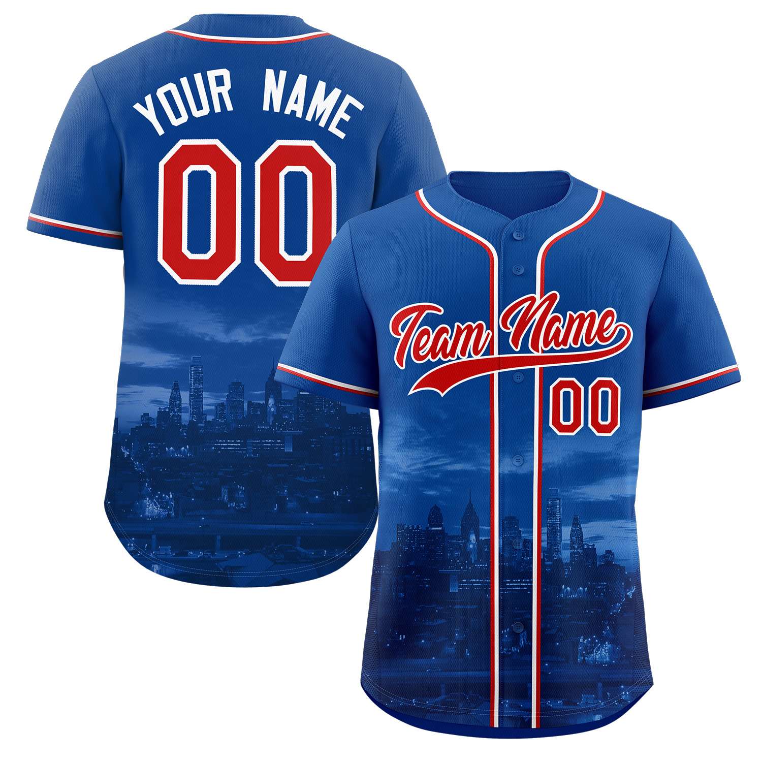 Custom Royal Red-White Philadelphia City Skyline Baseball Jersey