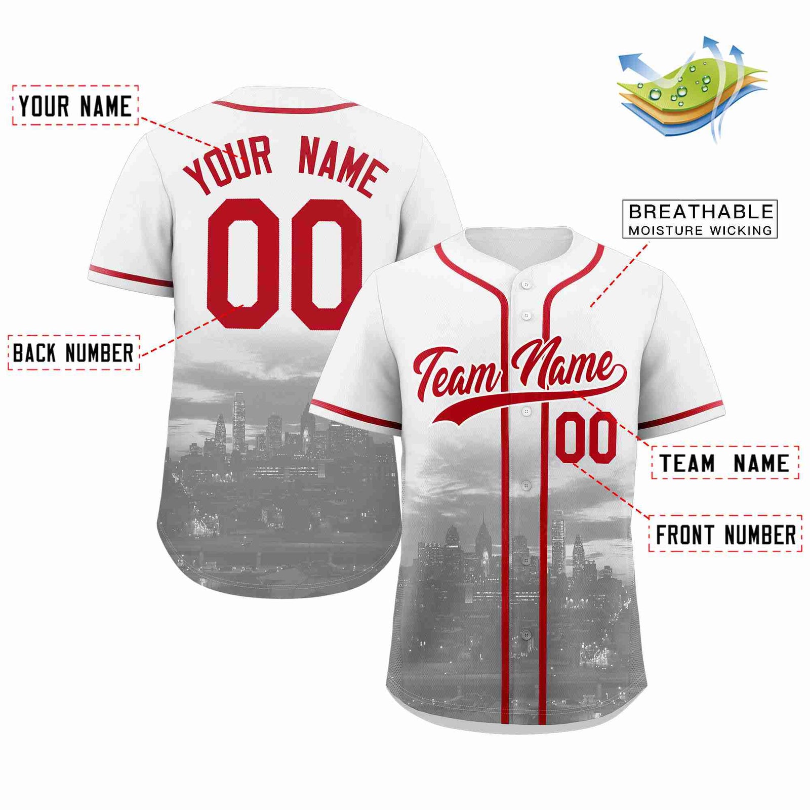 Custom White Red-White Philadelphia City Skyline Baseball Jersey