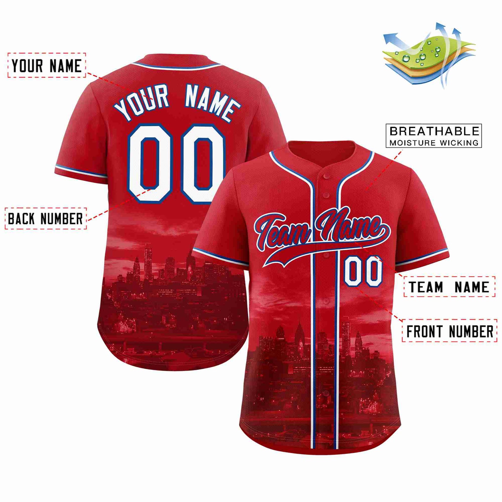 Custom Red Red-Royal Philadelphia City Skyline Baseball Jersey