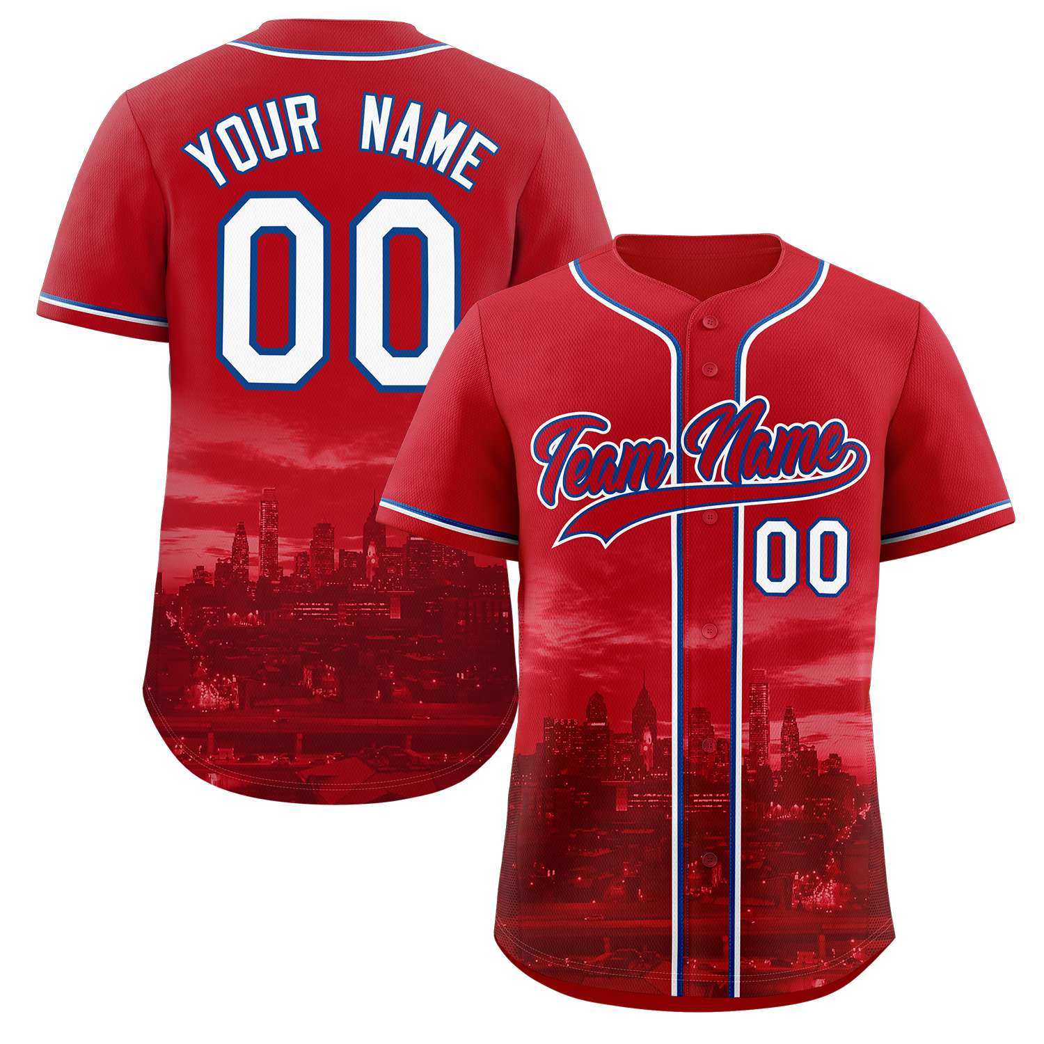 Custom Red Red-Royal Philadelphia City Skyline Baseball Jersey