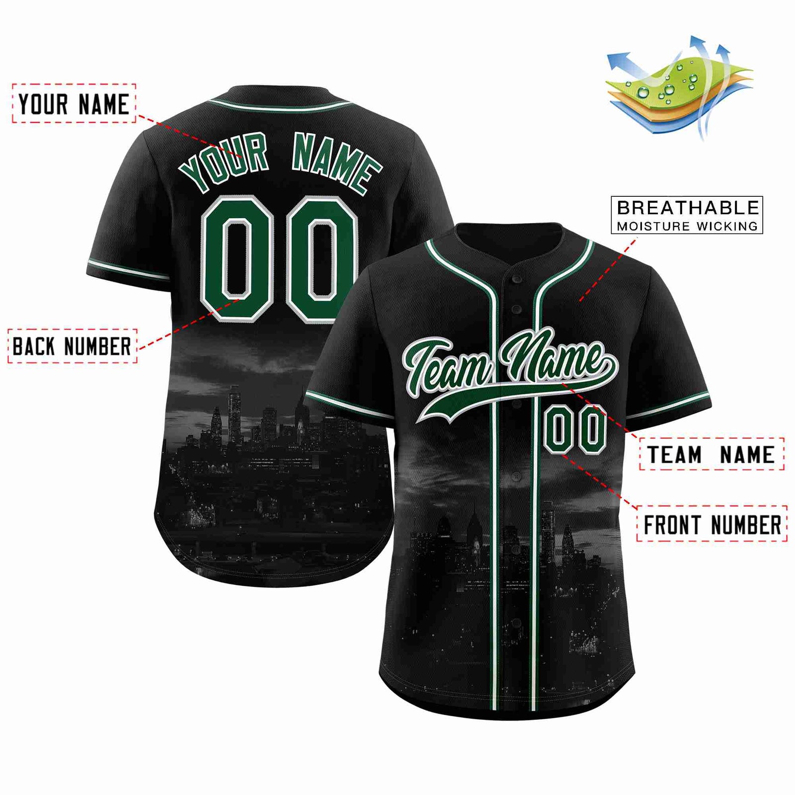 Custom Black Green-White Philadelphia City Skyline Baseball Jersey