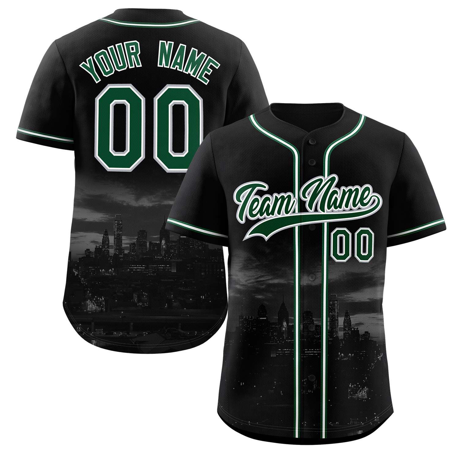 Custom Black Green-White Philadelphia City Skyline Baseball Jersey