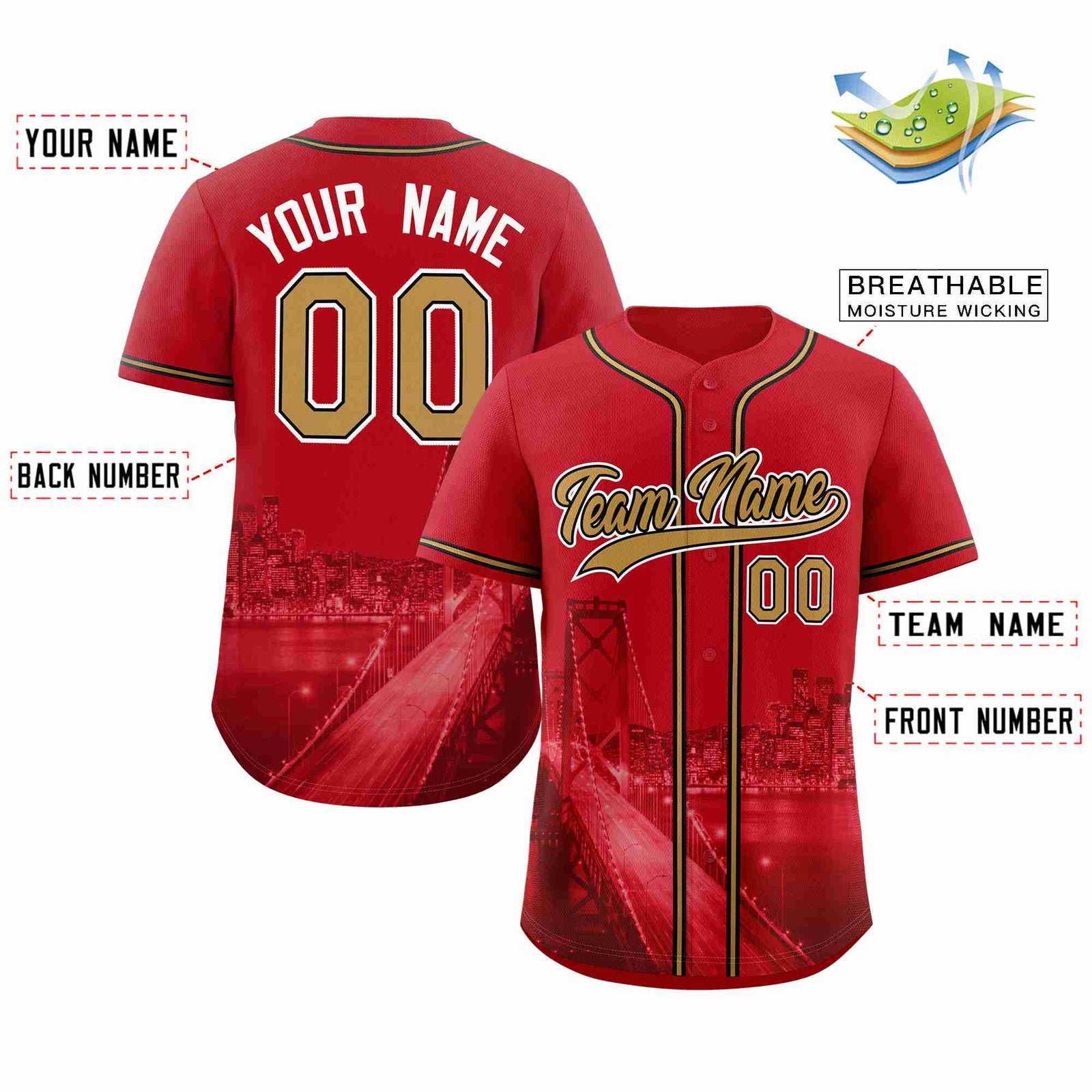 Custom Red Old Gold-Black San Francisco City Skyline Baseball Jersey