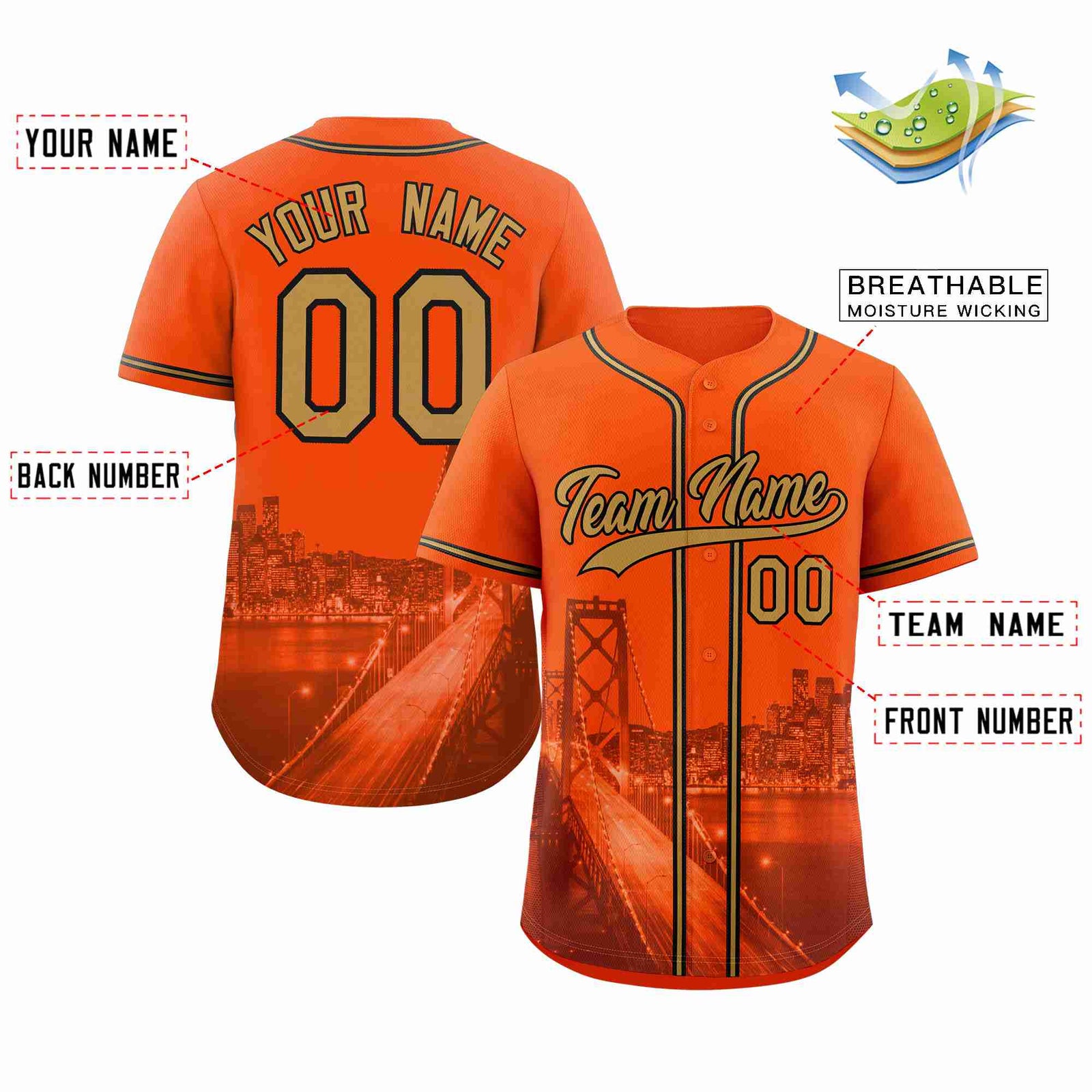 Custom Orange Old Gold-Black San Francisco City Skyline Baseball Jersey