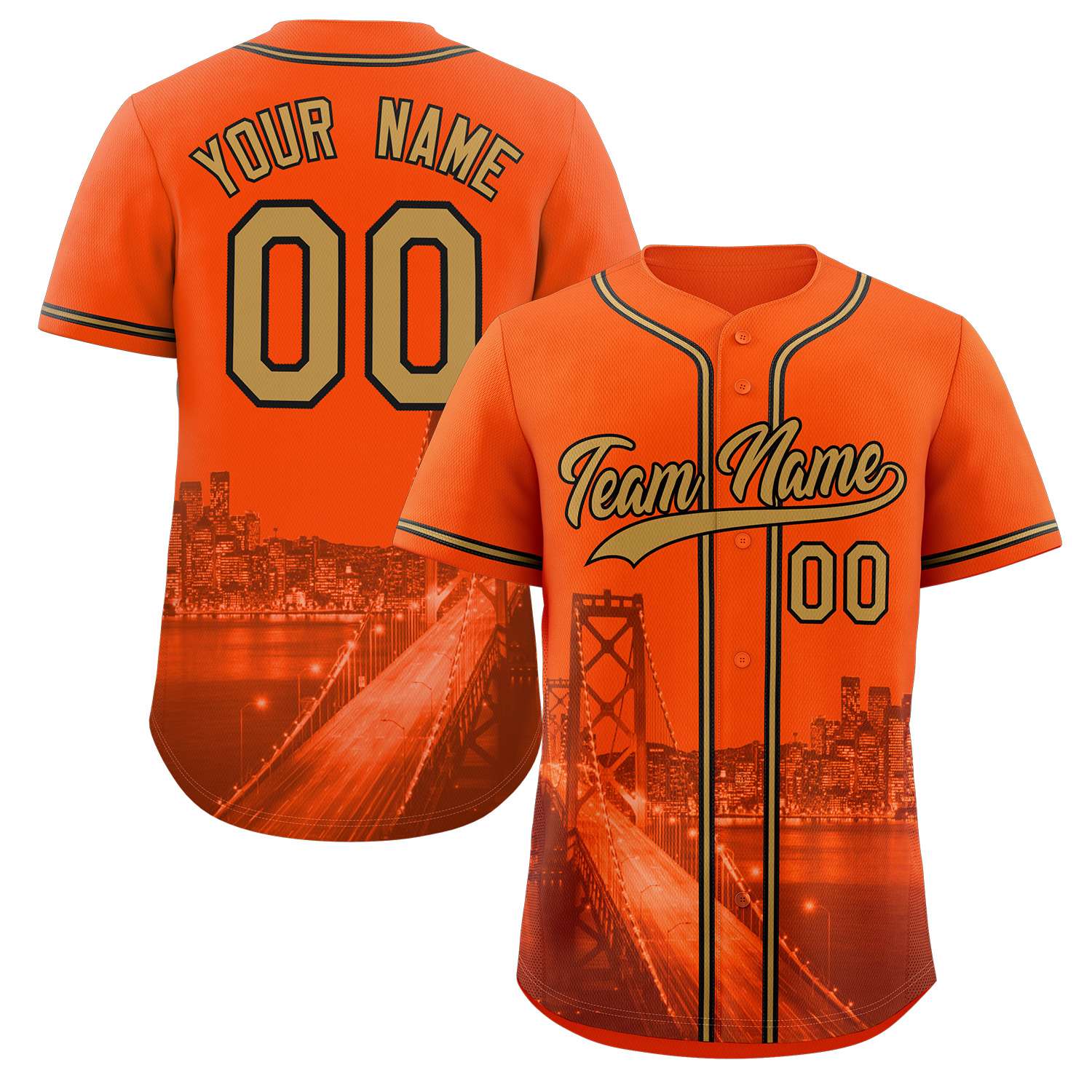 Custom Orange Old Gold-Black San Francisco City Skyline Baseball Jersey