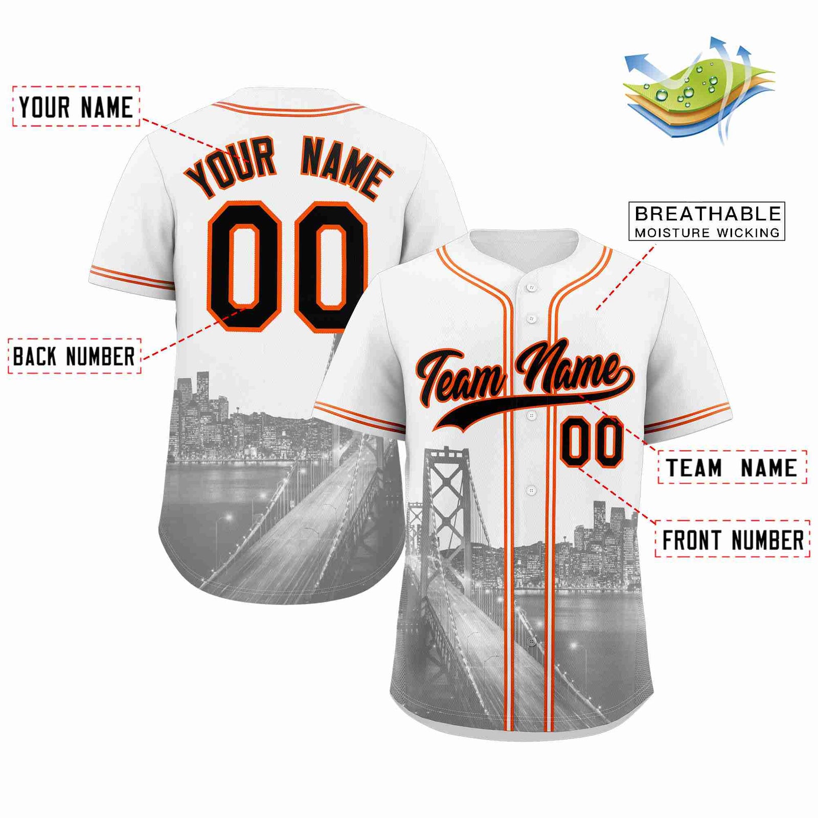 Custom White Black-Orange San Francisco City Skyline Baseball Jersey