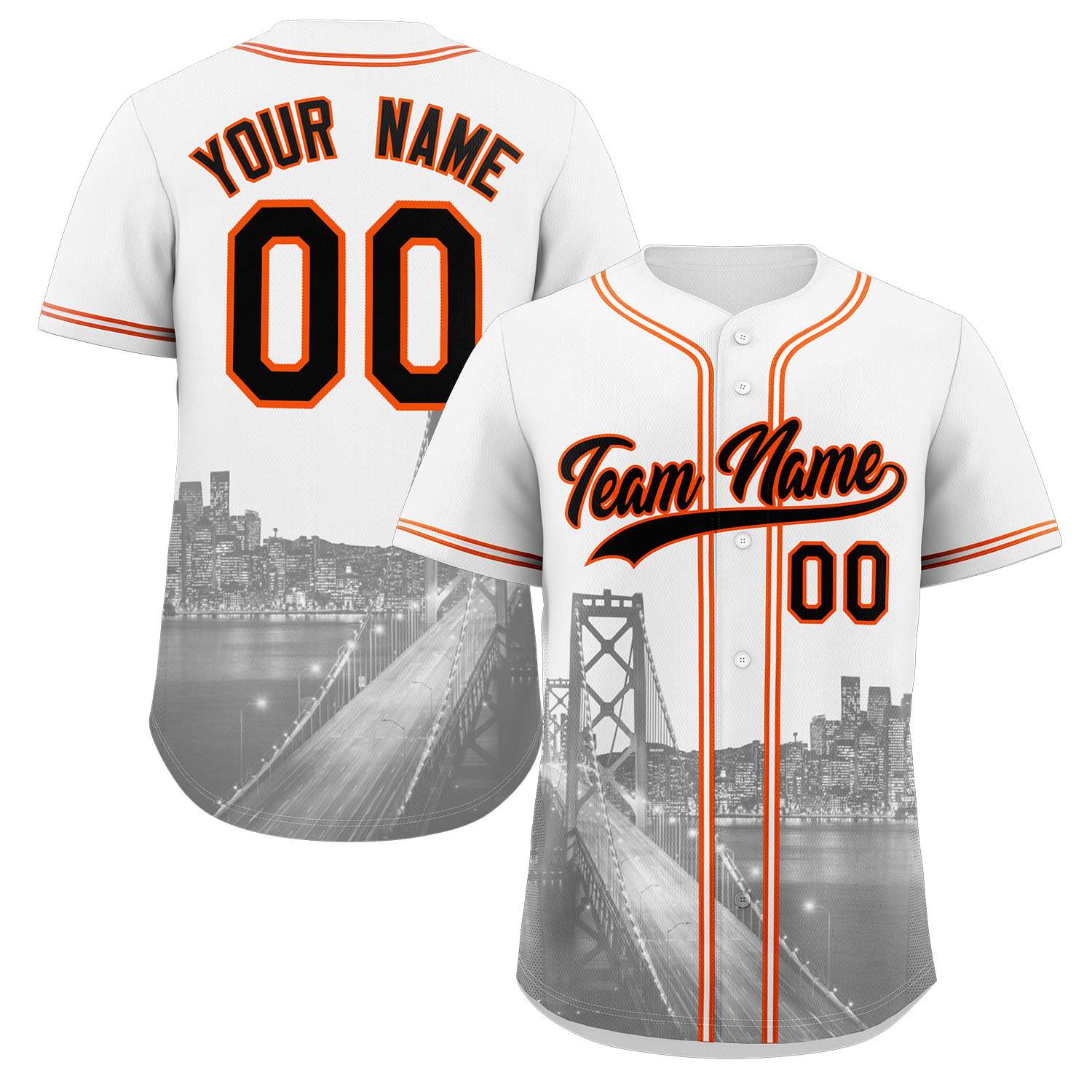 Custom White Black-Orange San Francisco City Skyline Baseball Jersey
