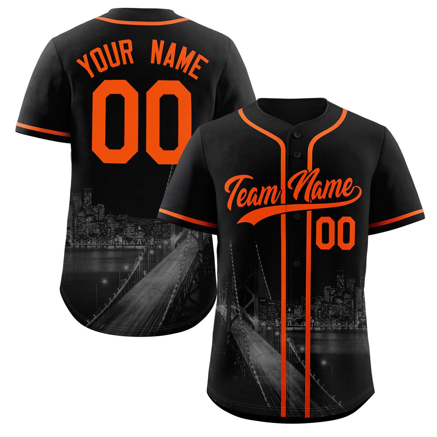 Custom Black Orange-Black San Francisco City Skyline Baseball Jersey