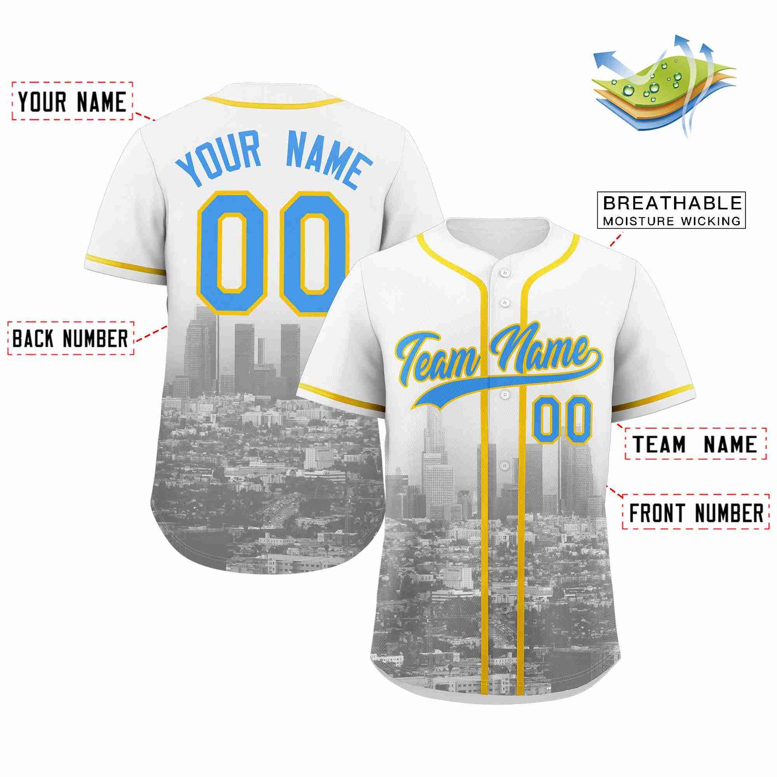 Custom White Powder Blue-Yellow Los Angeles City Skyline Baseball Jersey