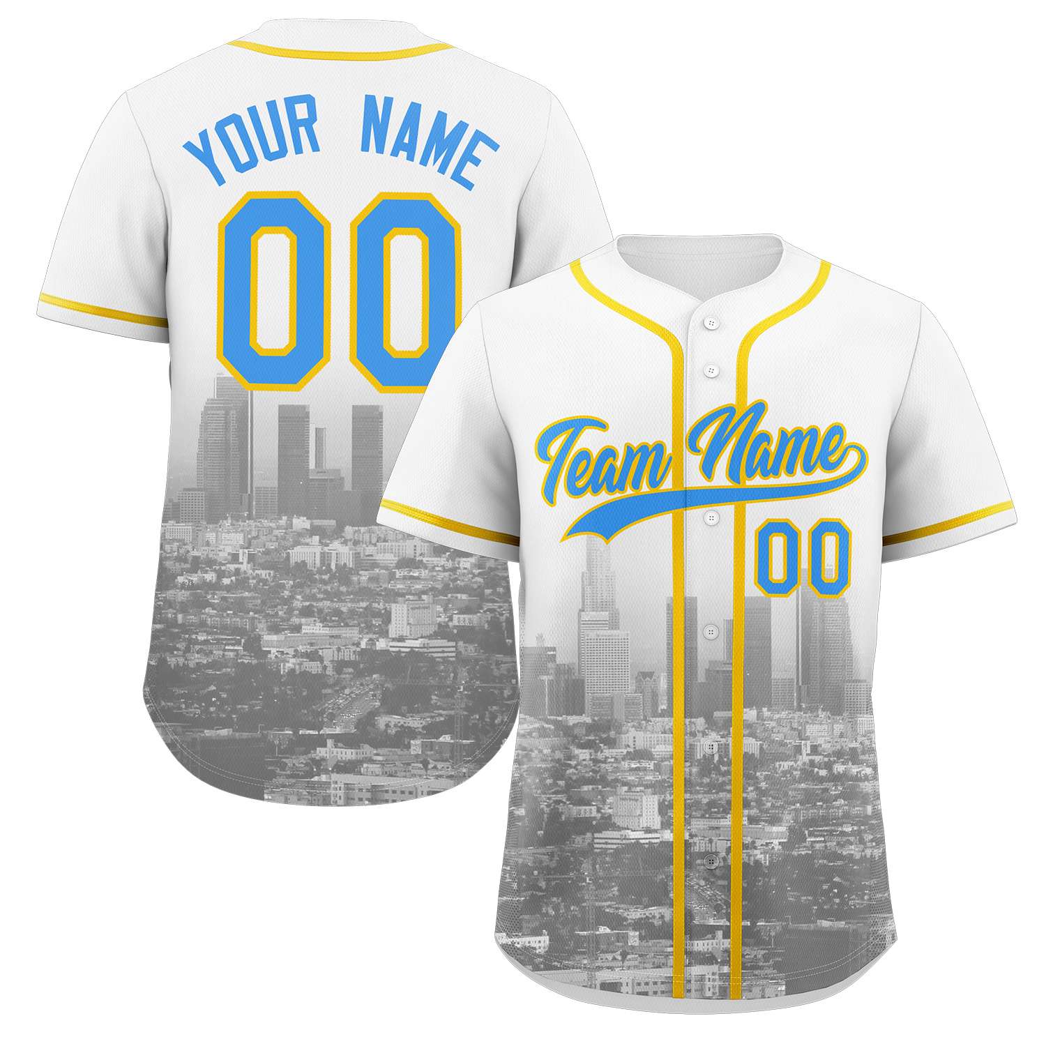Custom White Powder Blue-Yellow Los Angeles City Skyline Baseball Jersey