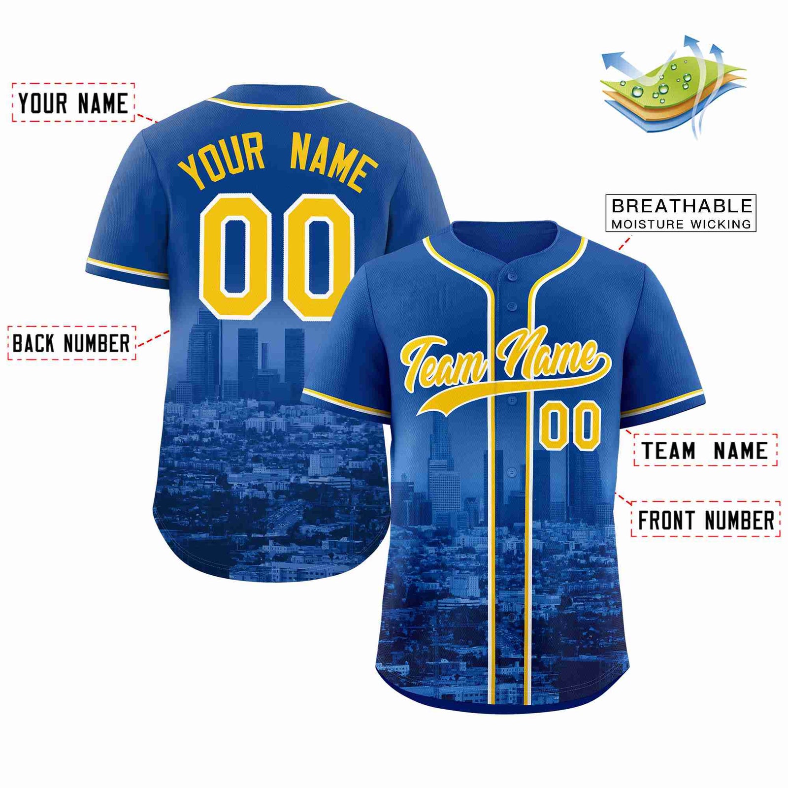 Custom Royal Yellow-White Los Angeles City Skyline Baseball Jersey